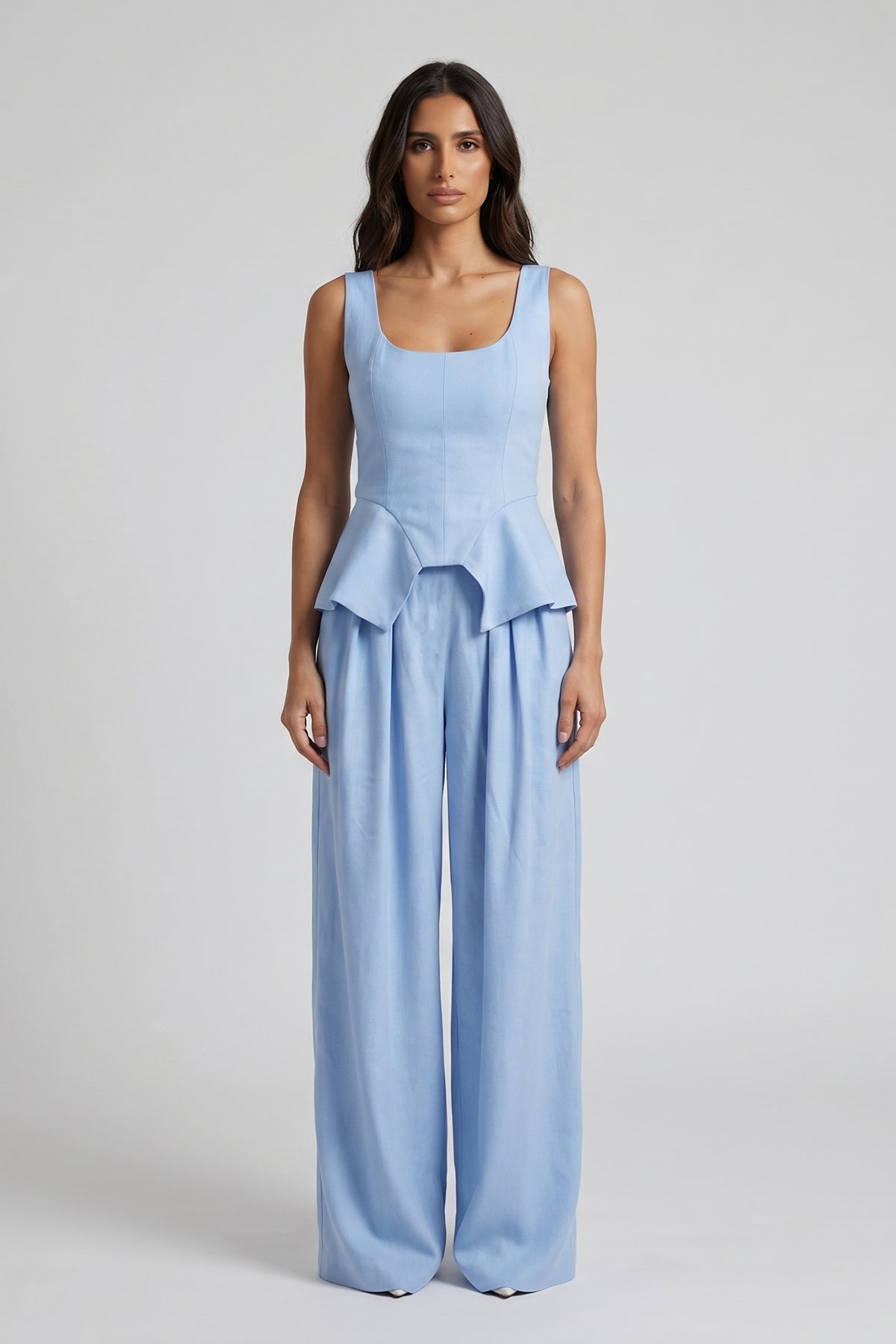 Ocean Blue Linen-Style Set with Wide Legs