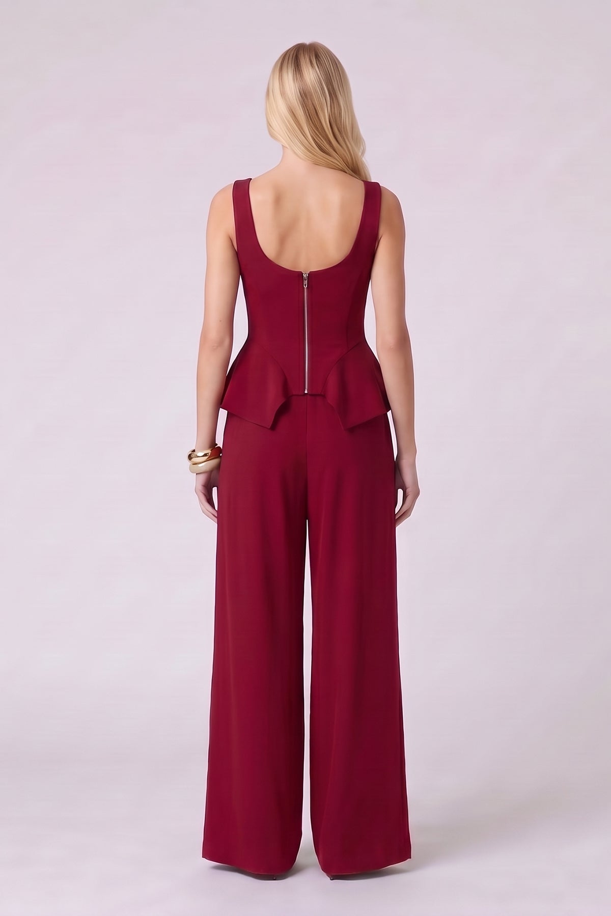 Burgundy Peplum Corset & Wide Leg Pants Set