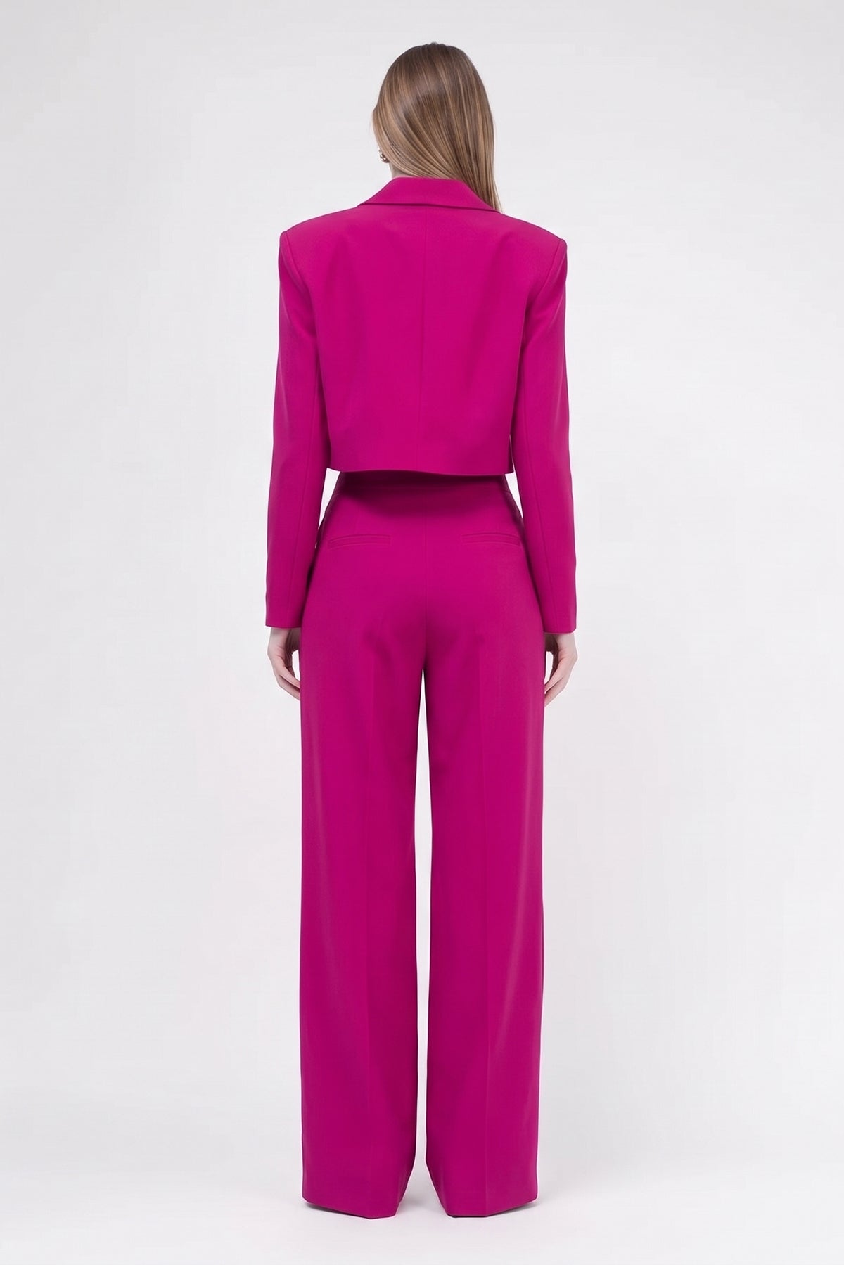 Fuchsia Suit With Cropped Blazer And Ultra Wide Leg Trousers