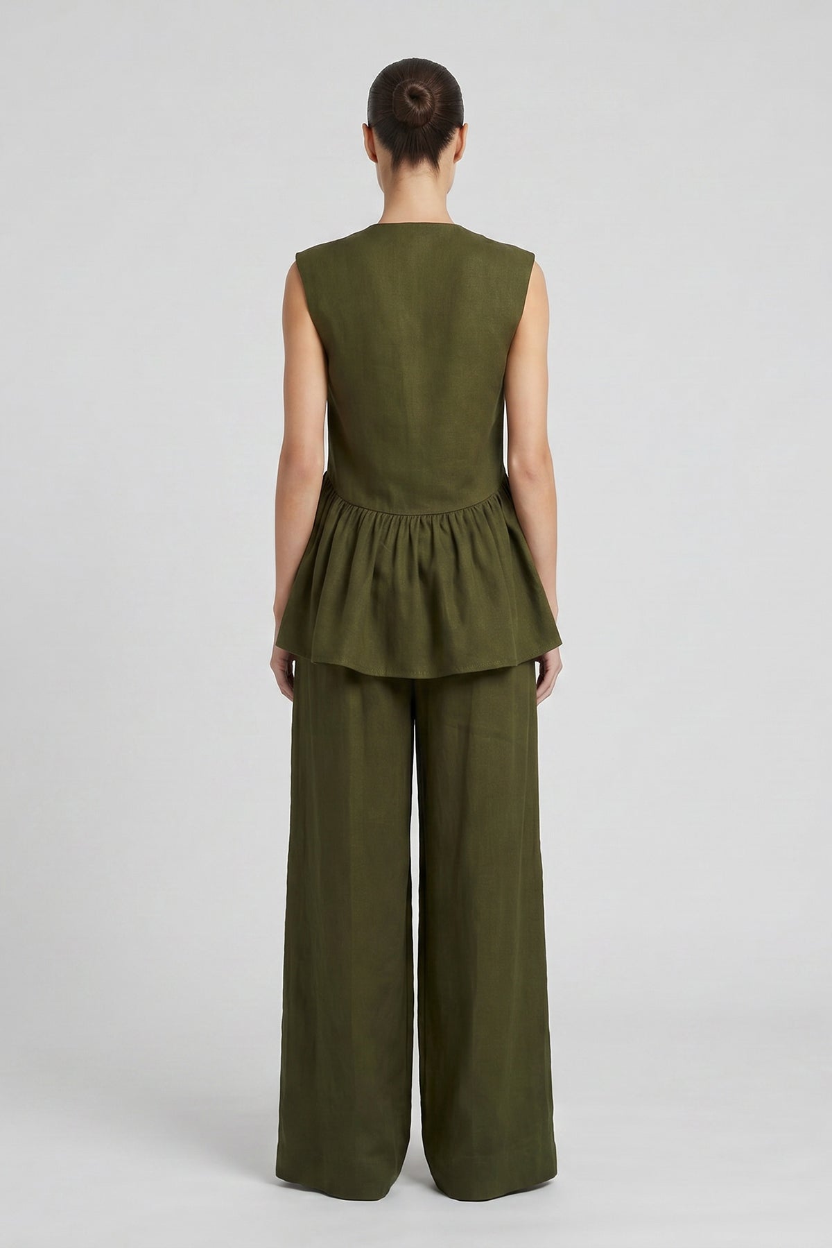 Khaki Linen Set with Gathered Vest and Pleated Wide-Leg Trousers
