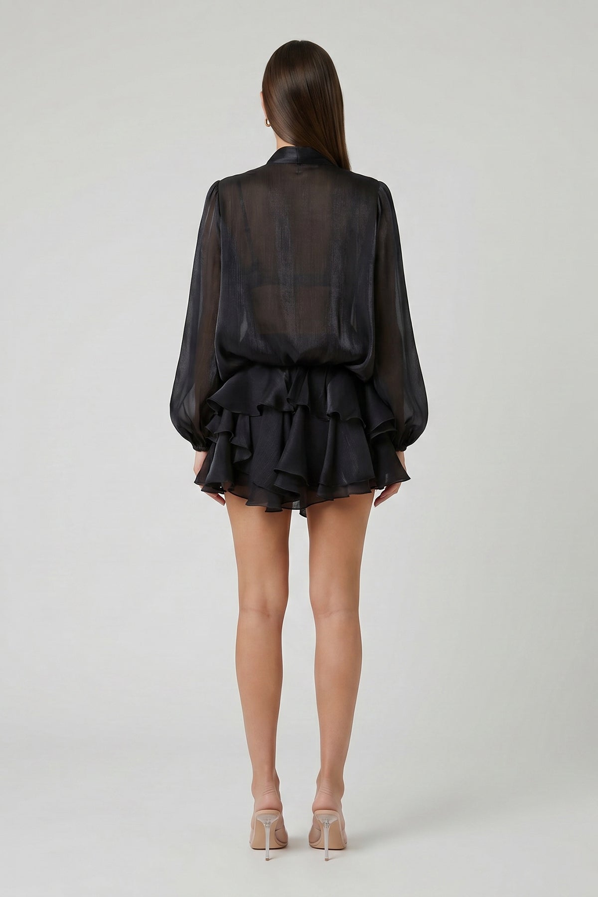 Black Shimmering Viscose Set with Scarf and Ruffled Skirt