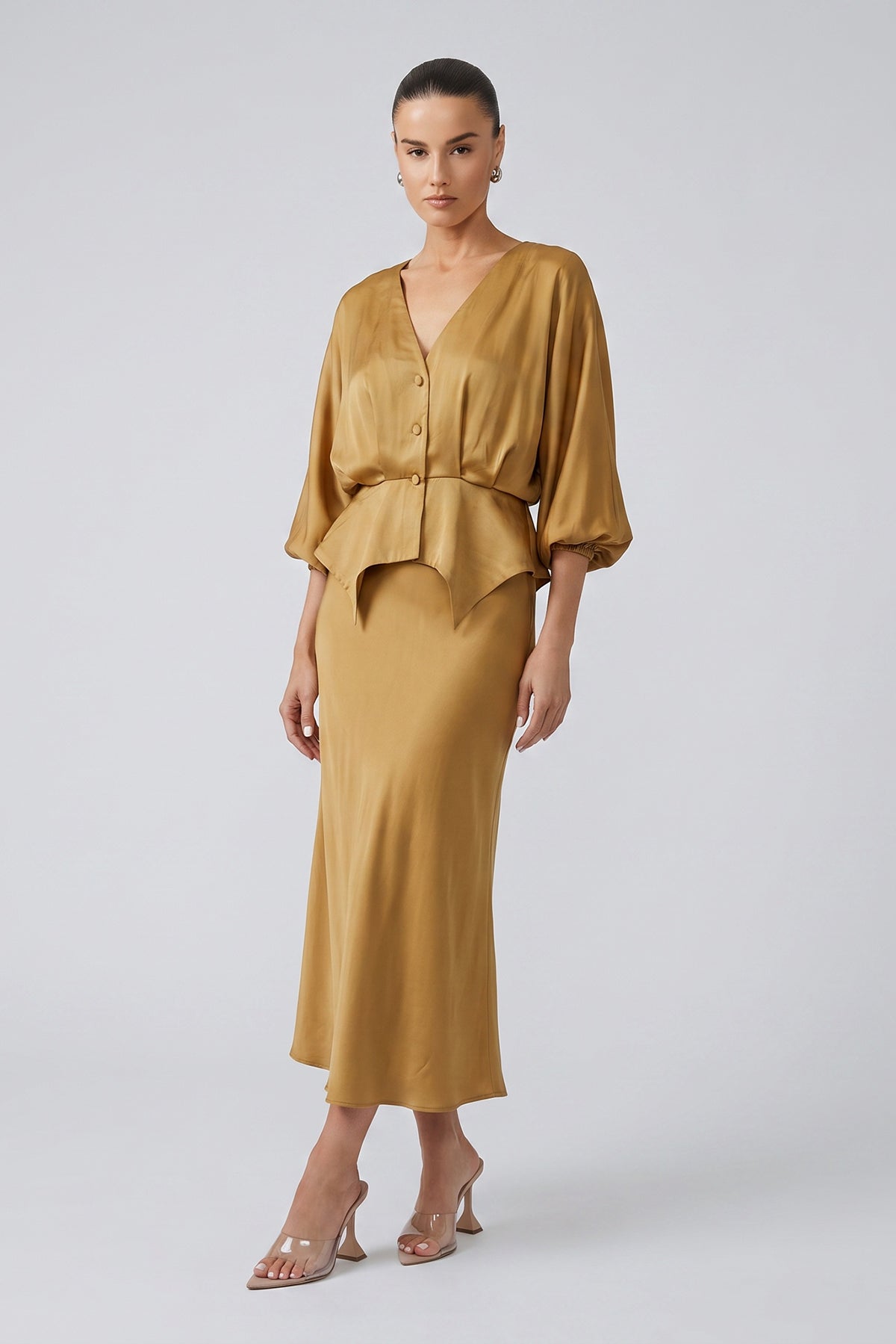 Set Satinat din Vâscoză cu Bluză Peplum și Fustă Midi