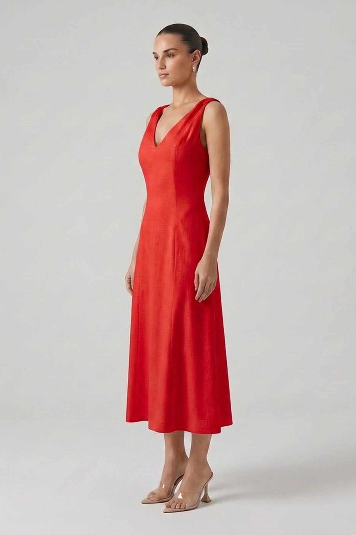 Red Linen Midi Dress with V-Neck and Knotted Straps