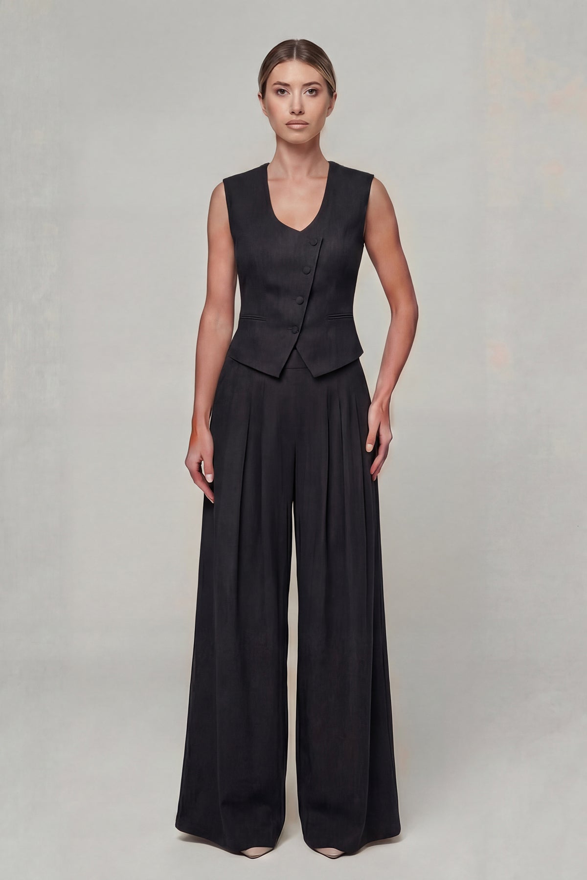 Black Linen Set with Fitted Vest and Wide-Leg Trousers