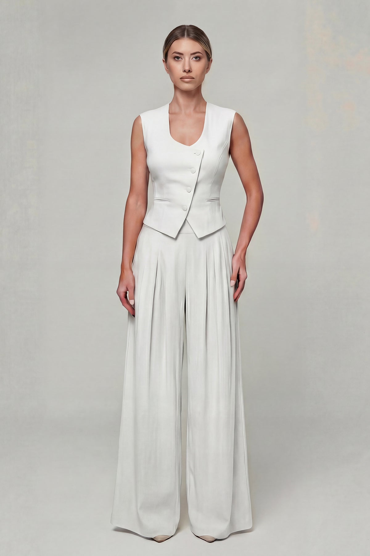 White Linen Set with Fitted Vest and Wide-Leg Trousers