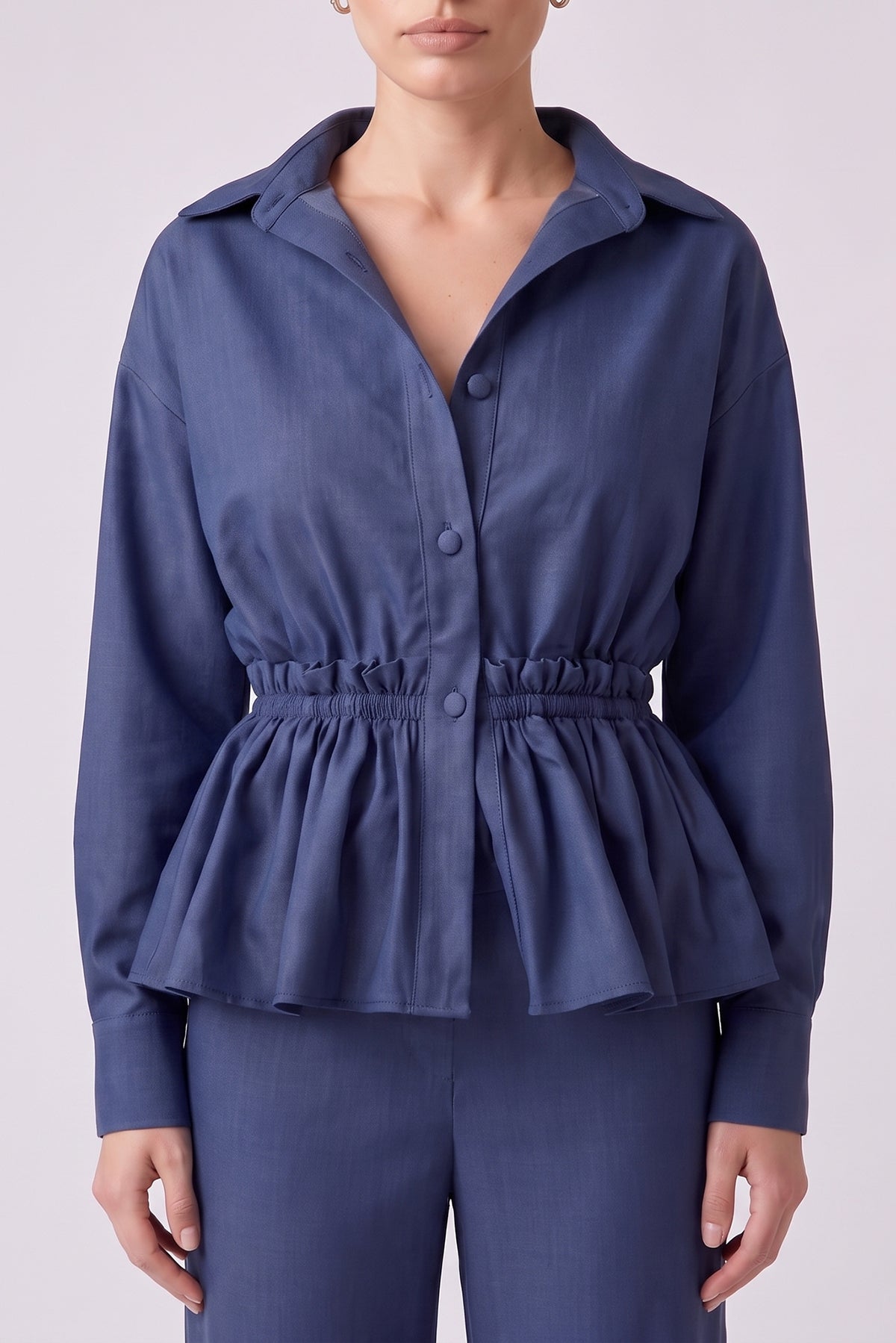 Set albastru inchis din denim cu cămașă peplum și pantaloni wide leg