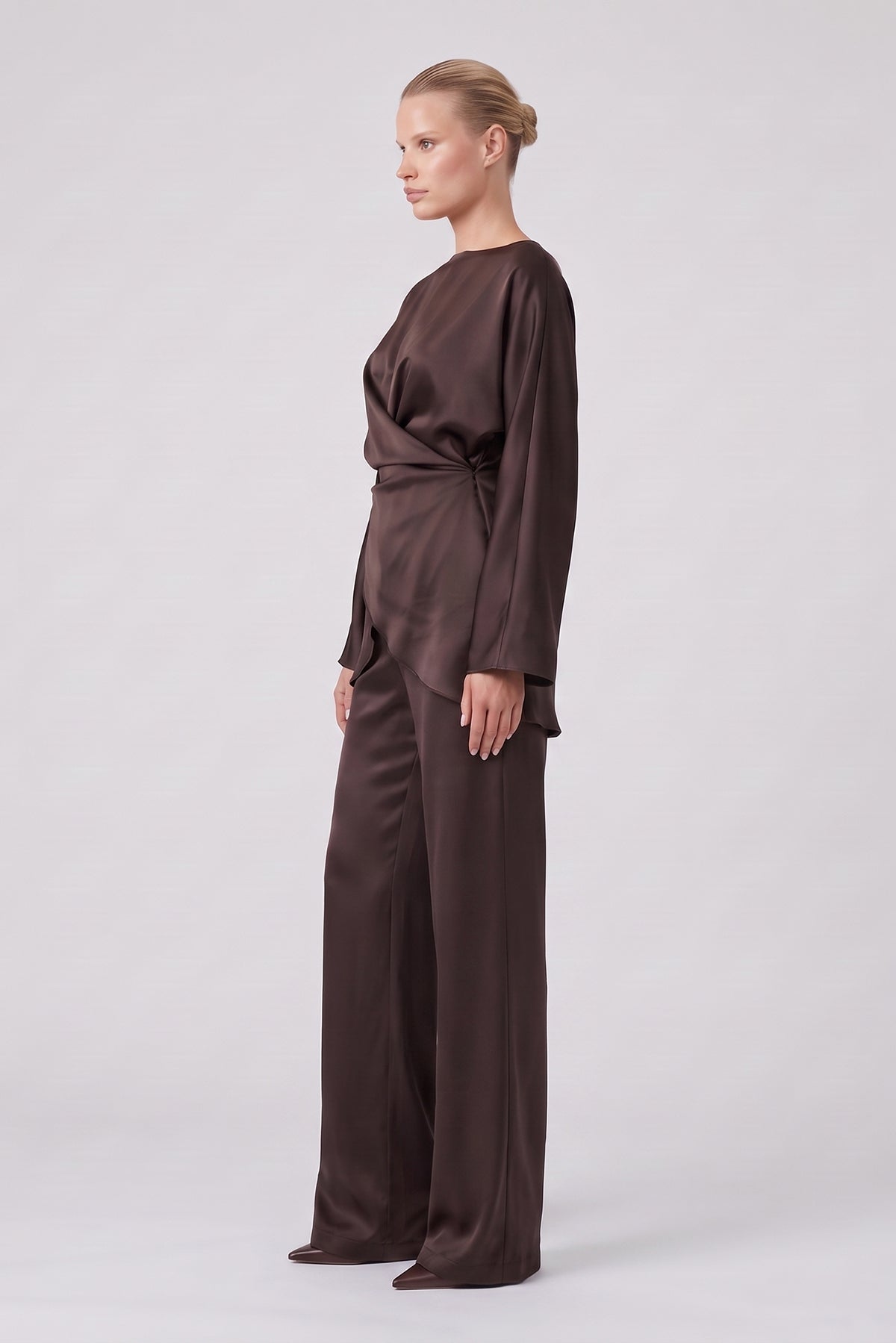 Brown Satin Draped Top & Wide-Leg Trousers Set
