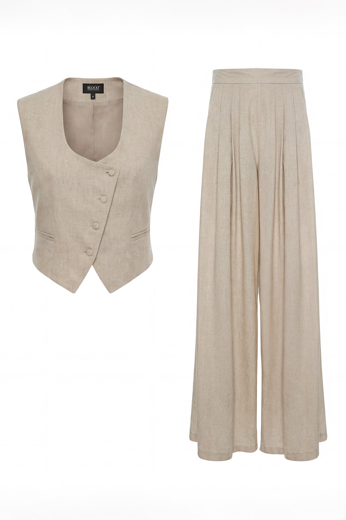 Cream Linen Set with Fitted Vest and Wide-Leg Trousers