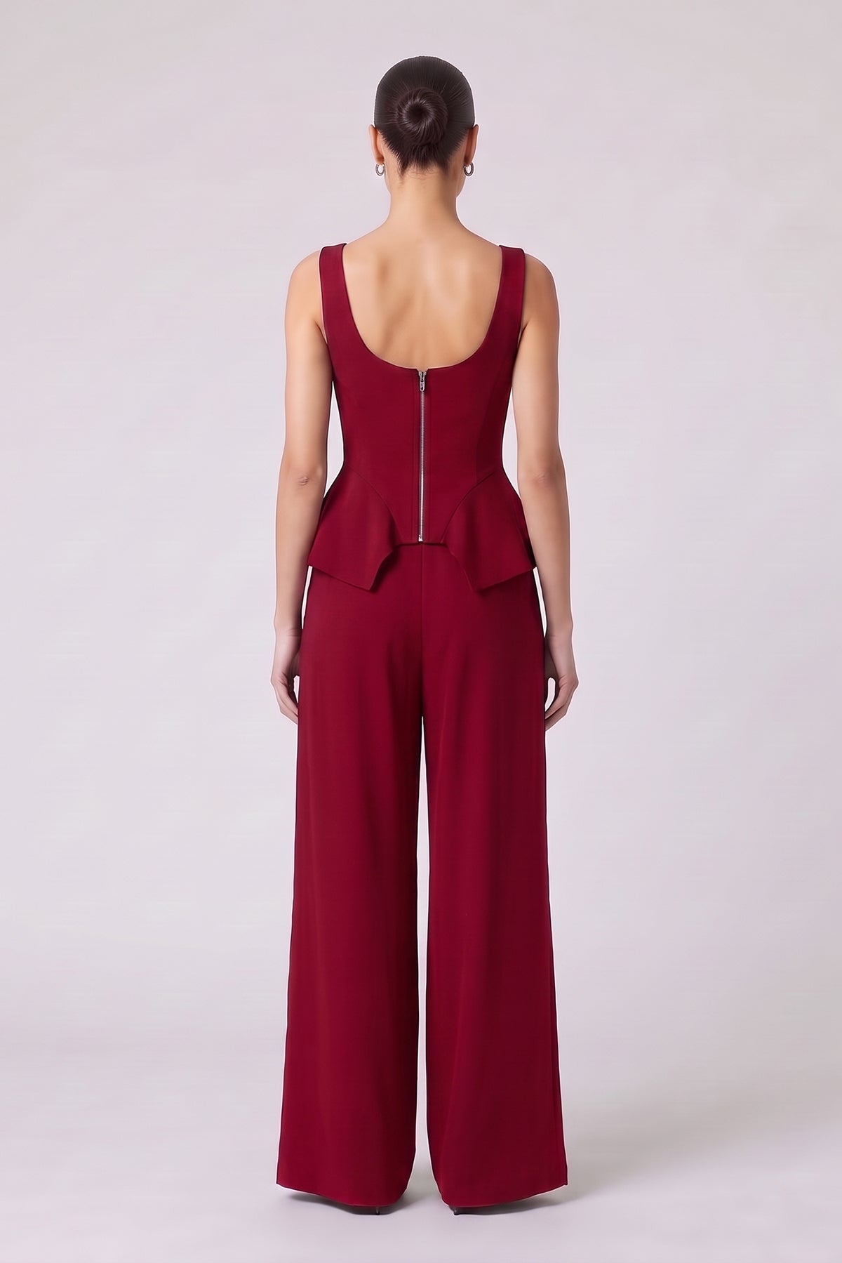 Set Burgundy cu Corset Peplum și Pantaloni Wide Leg