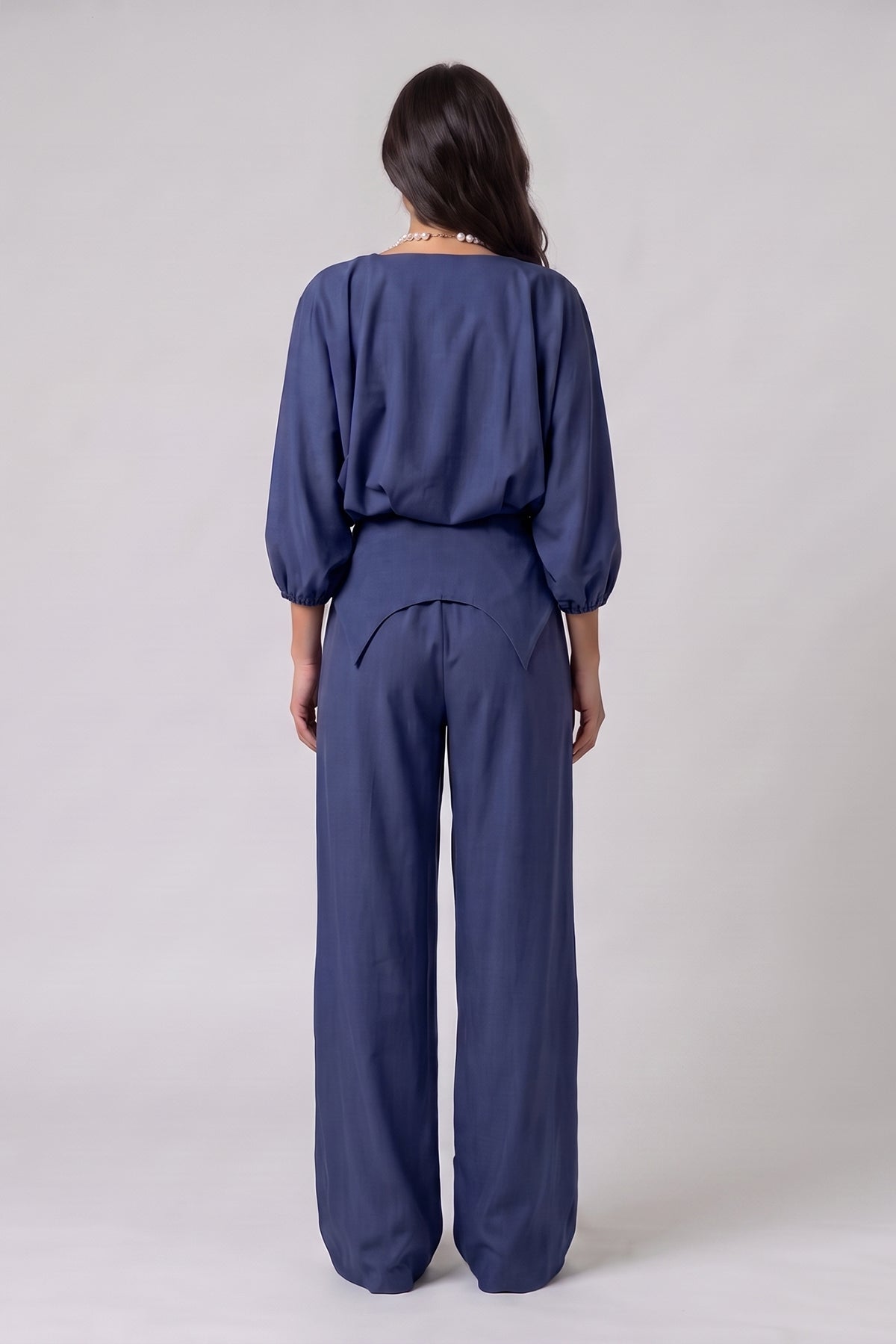 Denim Structured Top & Wide-Leg Trousers Set - Dark Blue