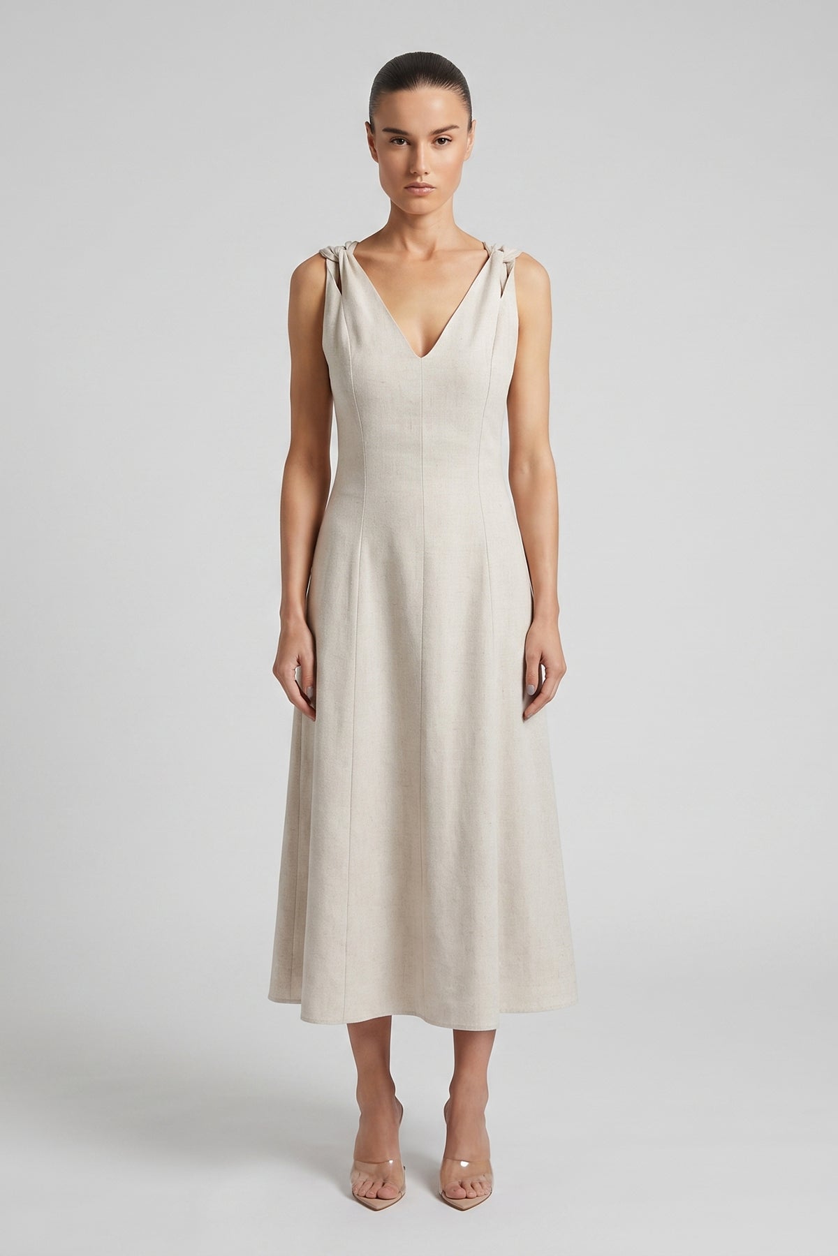Ivory Linen Midi Dress with V-Neck and Knotted Straps