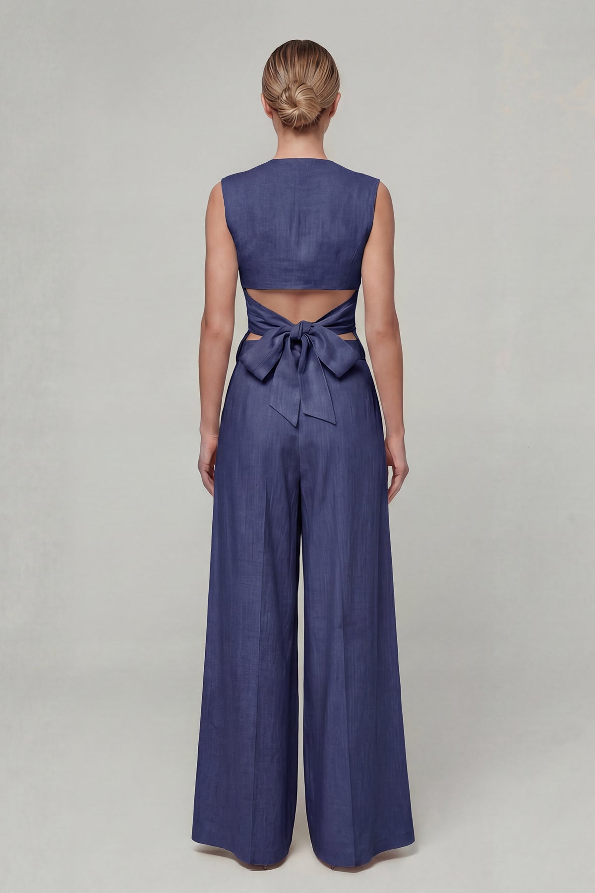 Navy Linen Set with Fitted Vest and Wide-Leg Trousers