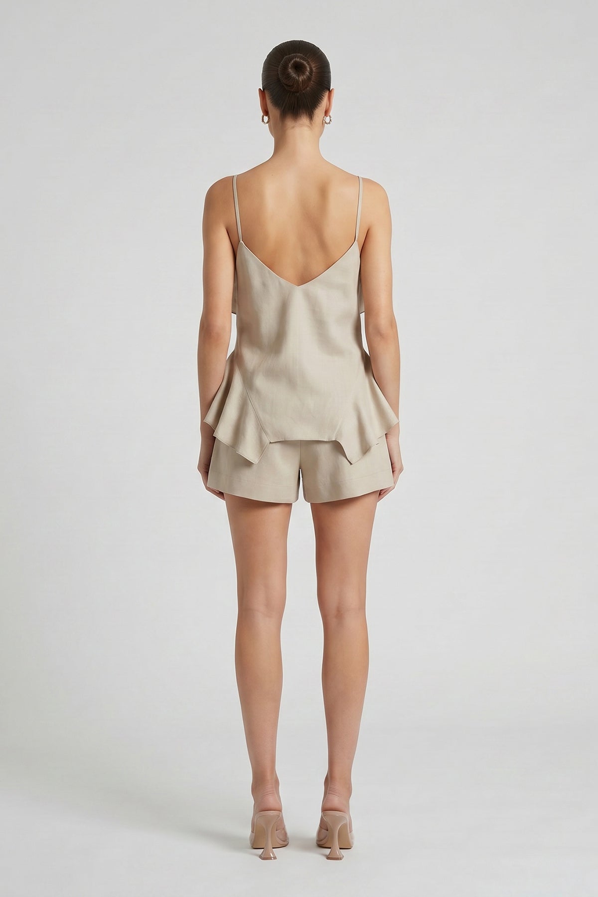 Linen Blend Set with Bermuda Shorts and Ruffled Top – Beige