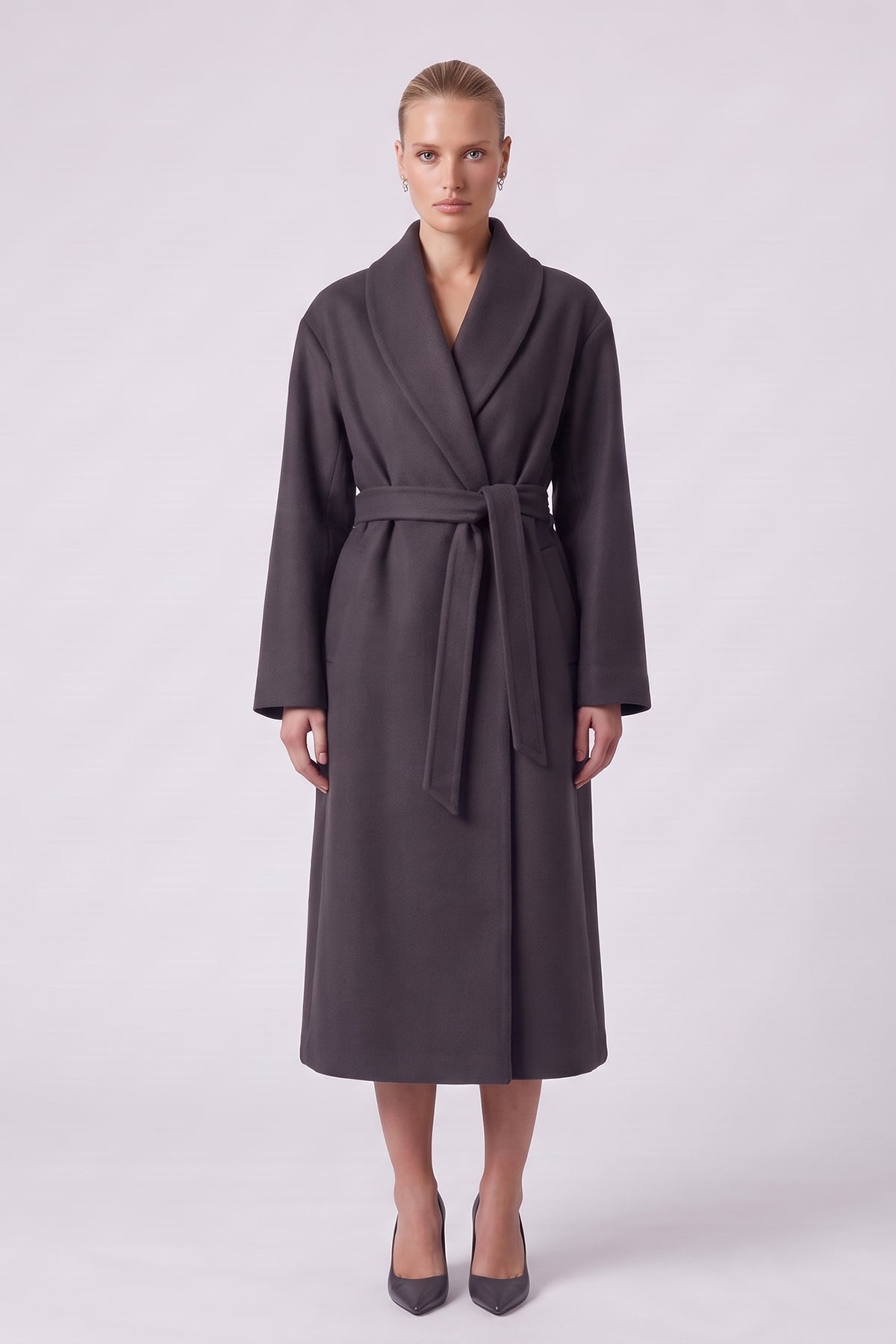 Long Wool Blend Coat with Rounded Lapels in Dark Grey