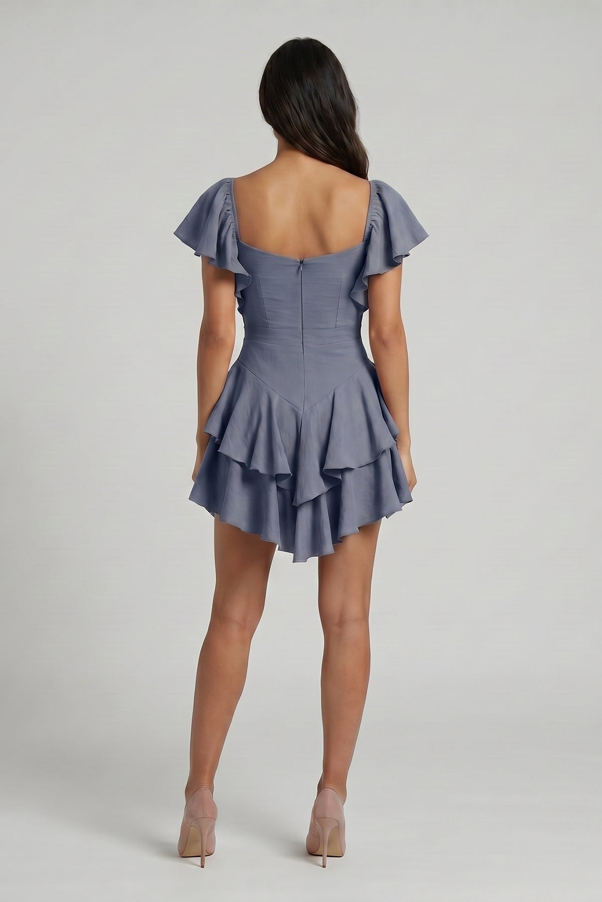 Navy Off-The-Shoulders Cambered Dress with Ruffles