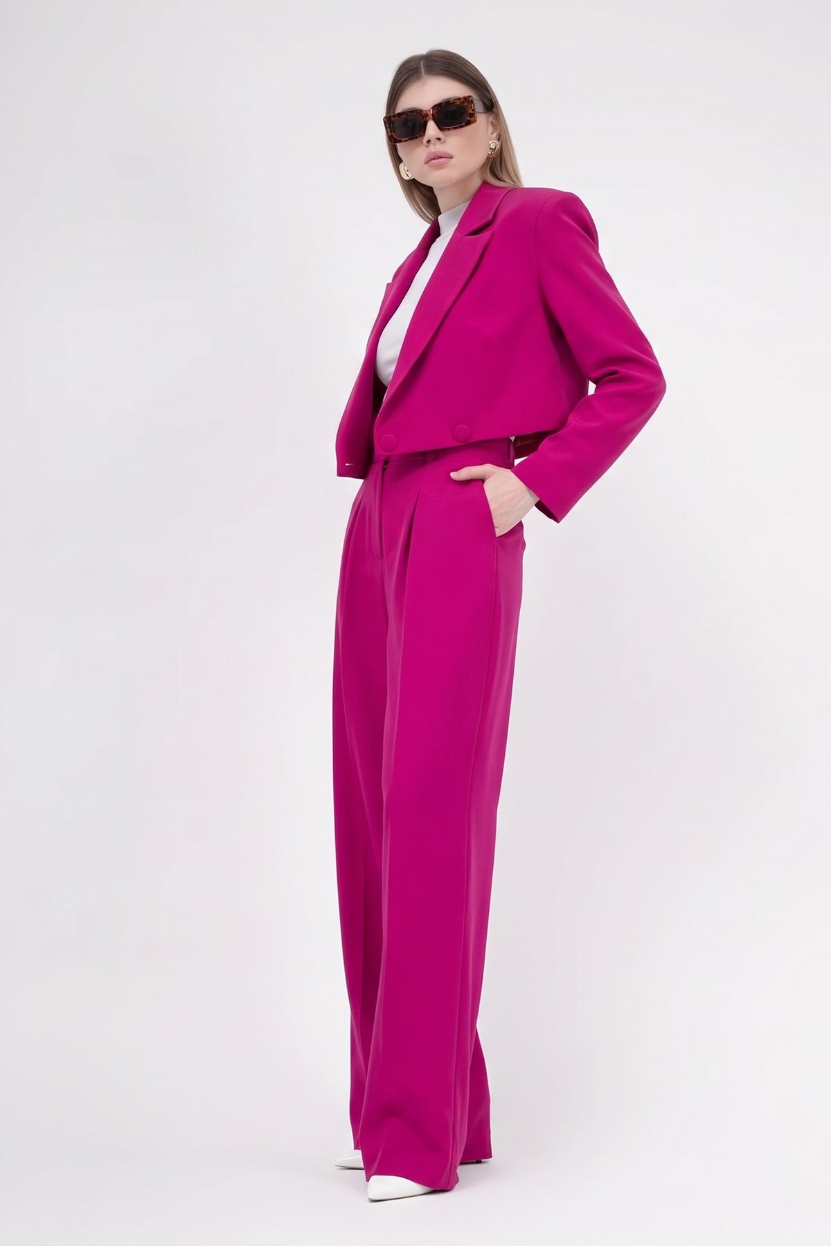 Fuchsia Suit With Cropped Blazer And Ultra Wide Leg Trousers