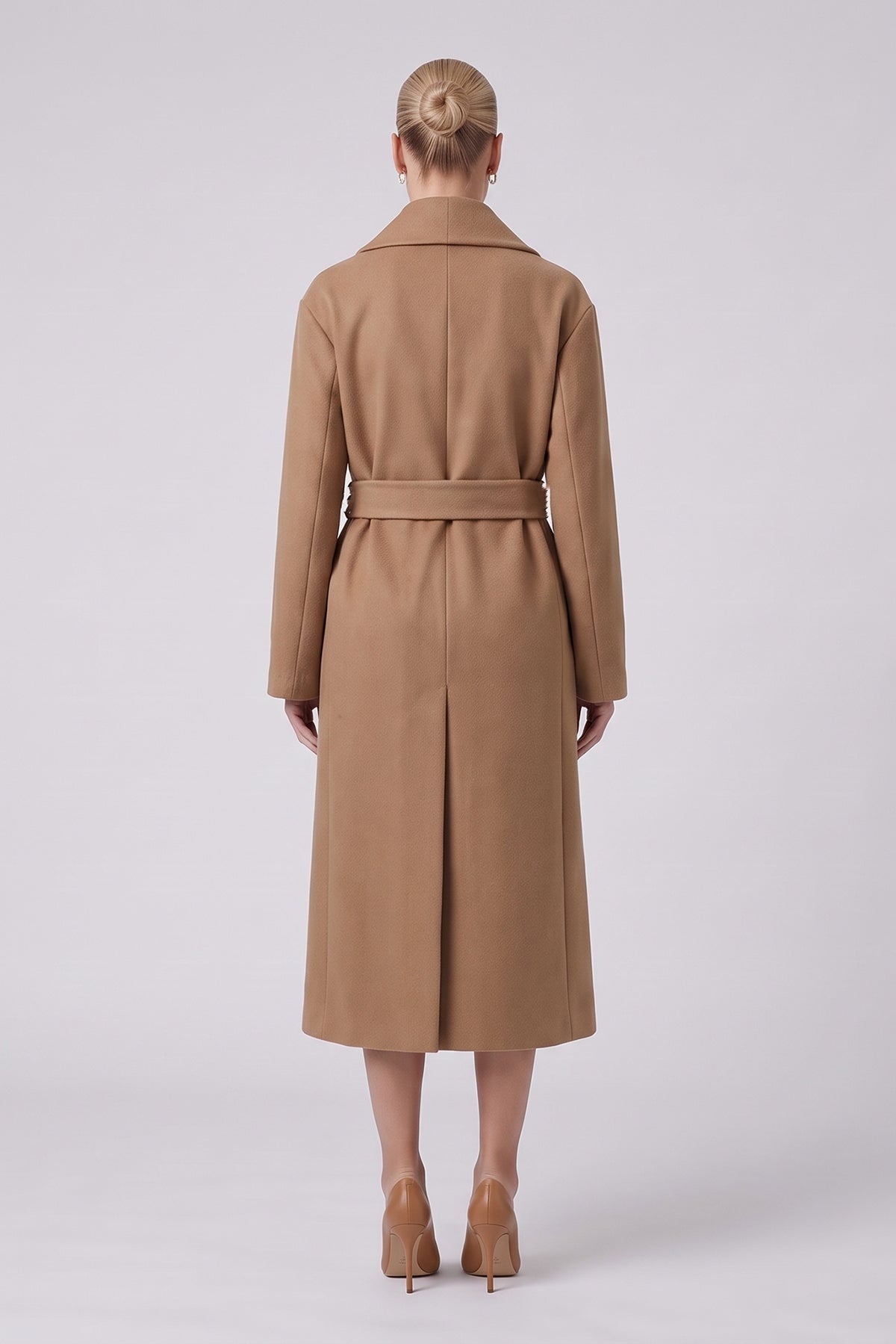 Long Wool Blend Coat with Rounded Lapels in Camel
