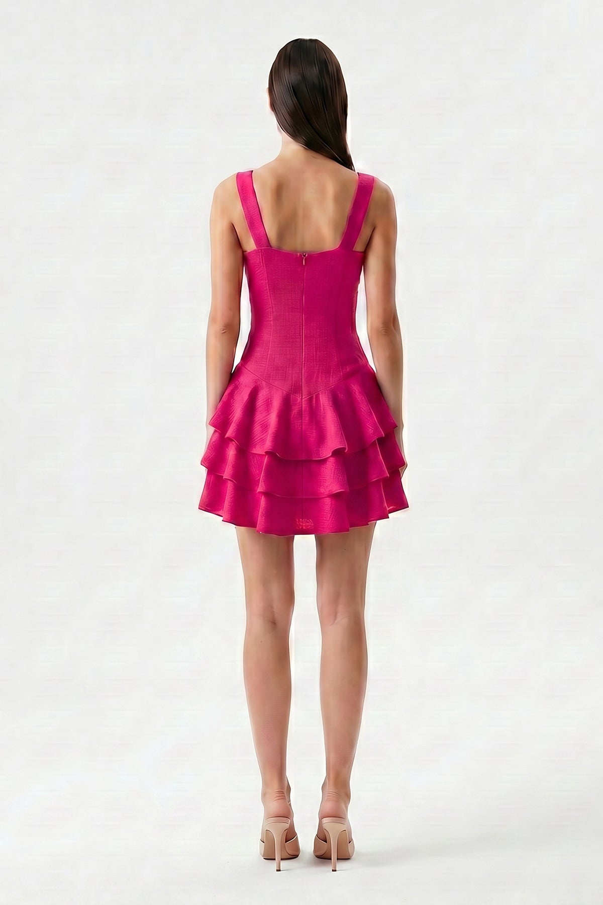 Rochie mini fucsia din in texturat, croială cambrată și volane suprapuse