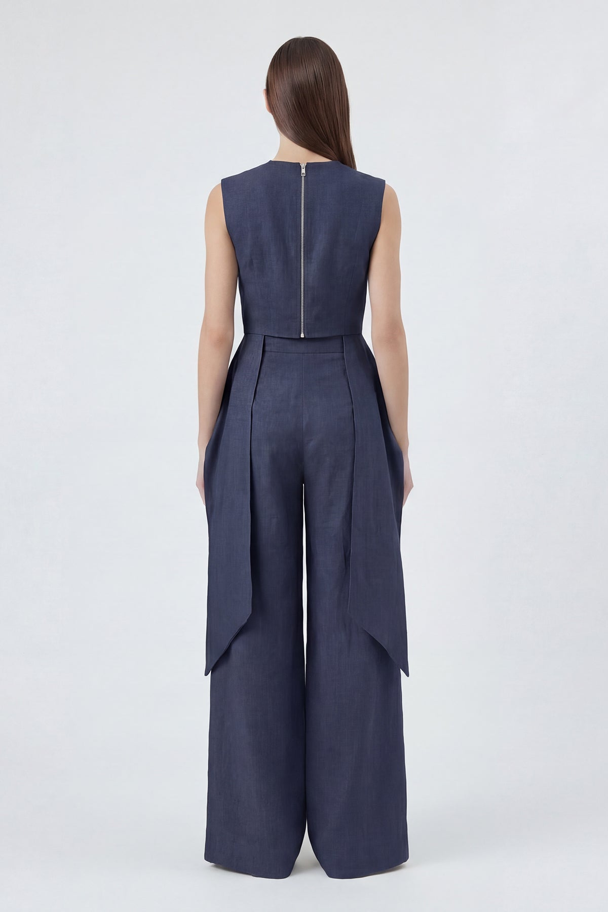 Navy Linen Peplum Top & Wide-Leg Trousers Set