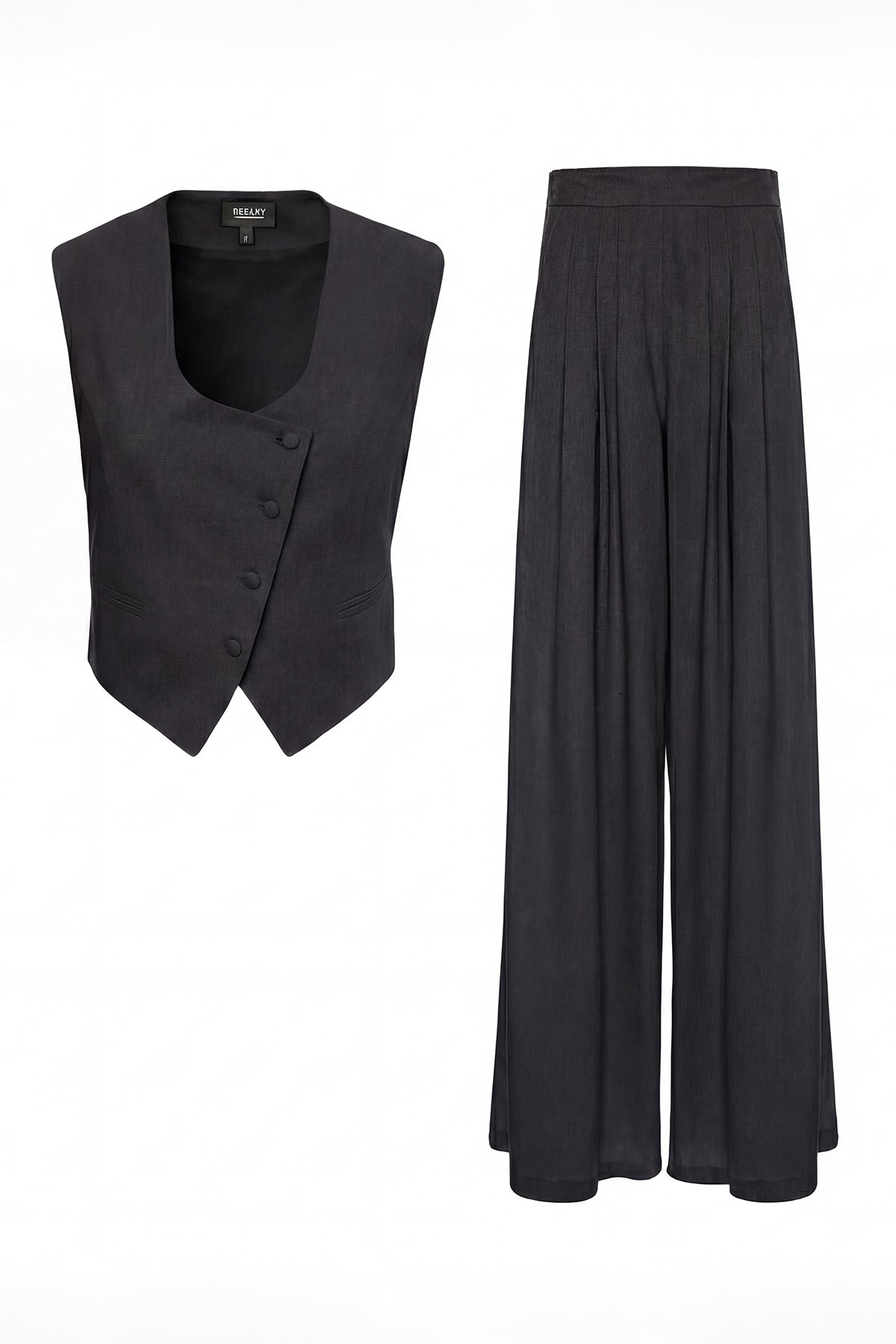 Black Linen Set with Fitted Vest and Wide-Leg Trousers