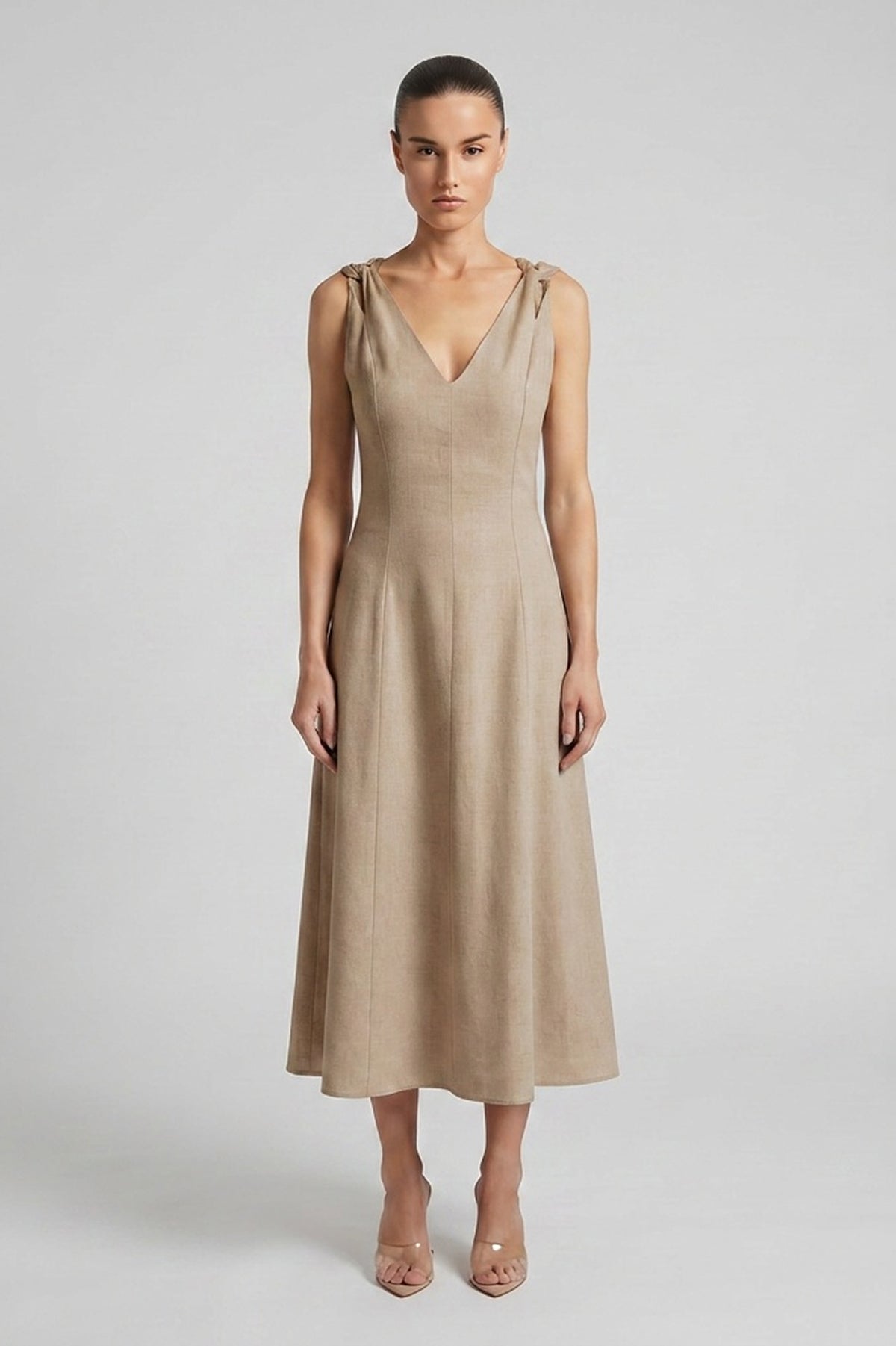 Beige Linen Midi Dress with V-Neck and Knotted Straps