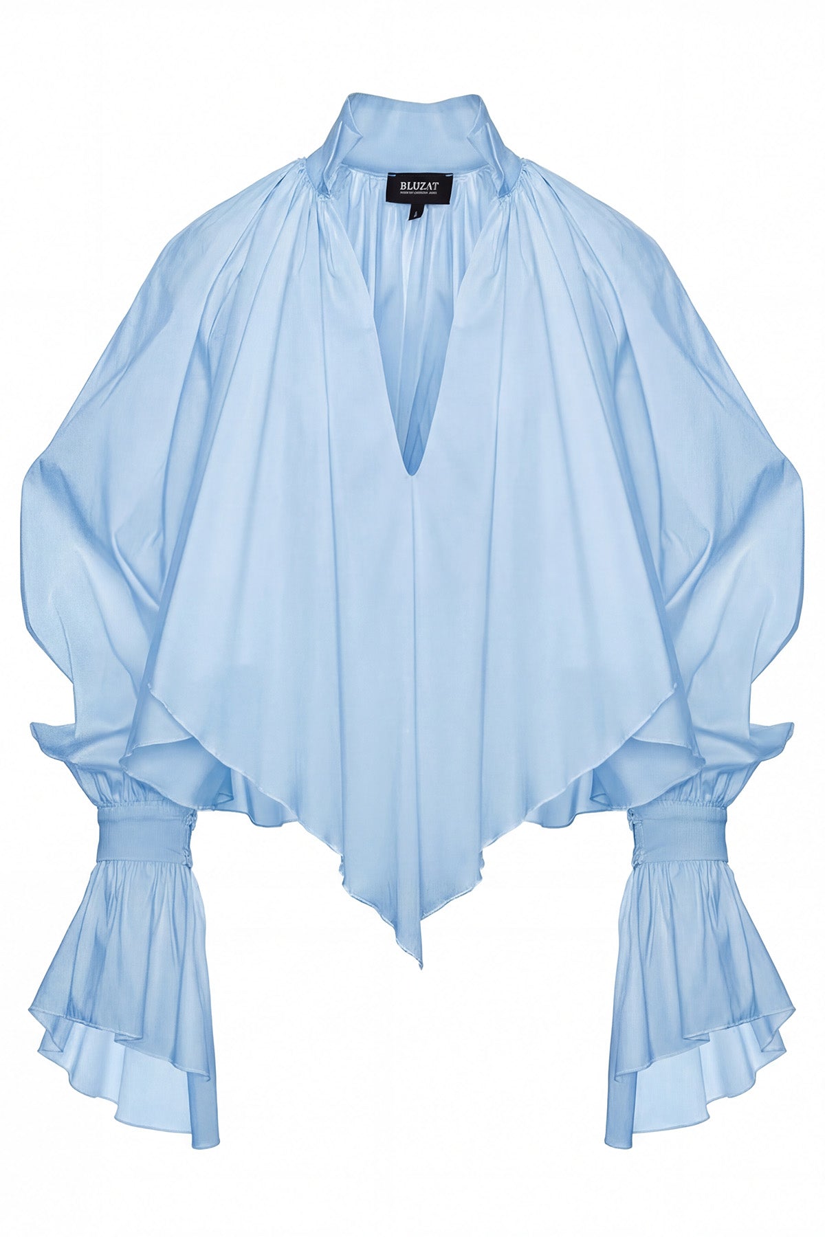 Cămașă baby blue cu croială amplă, guler înalt și mâneci balon