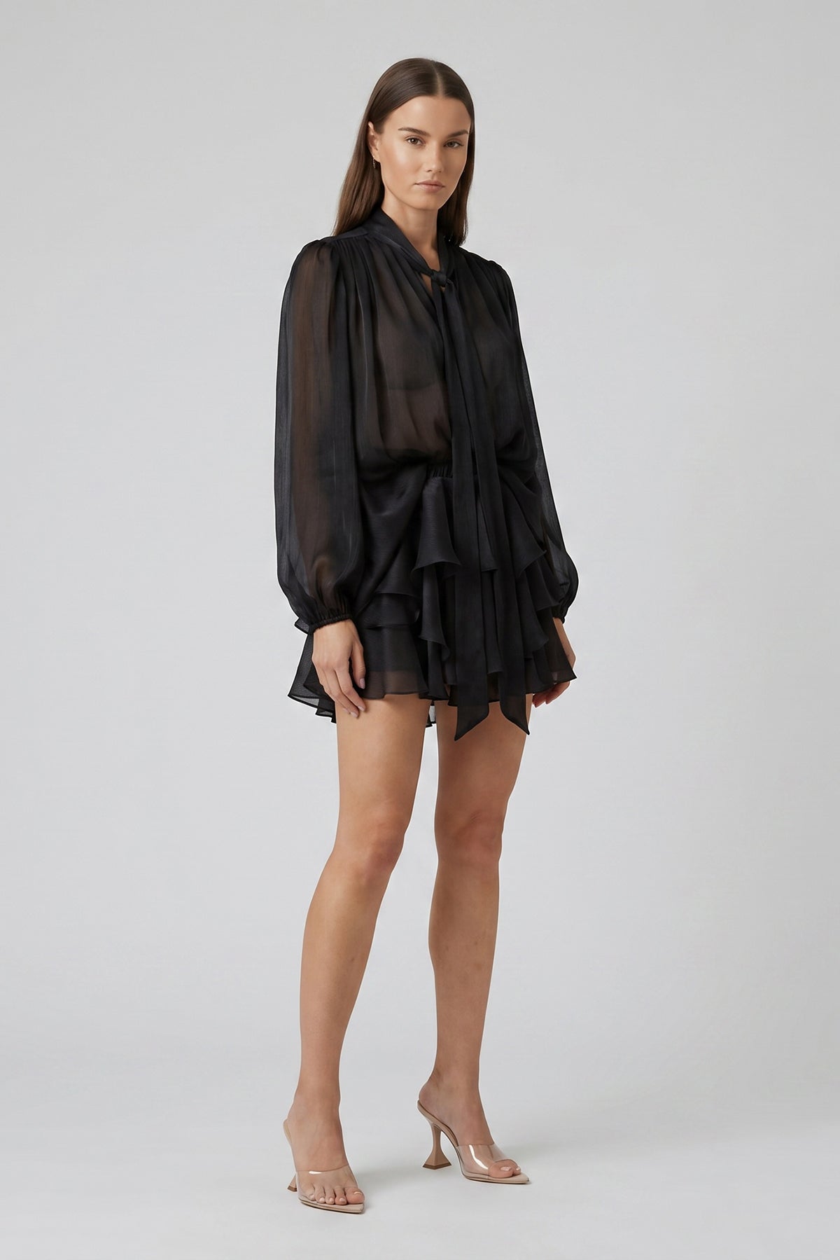Black Shimmering Viscose Set with Scarf and Ruffled Skirt