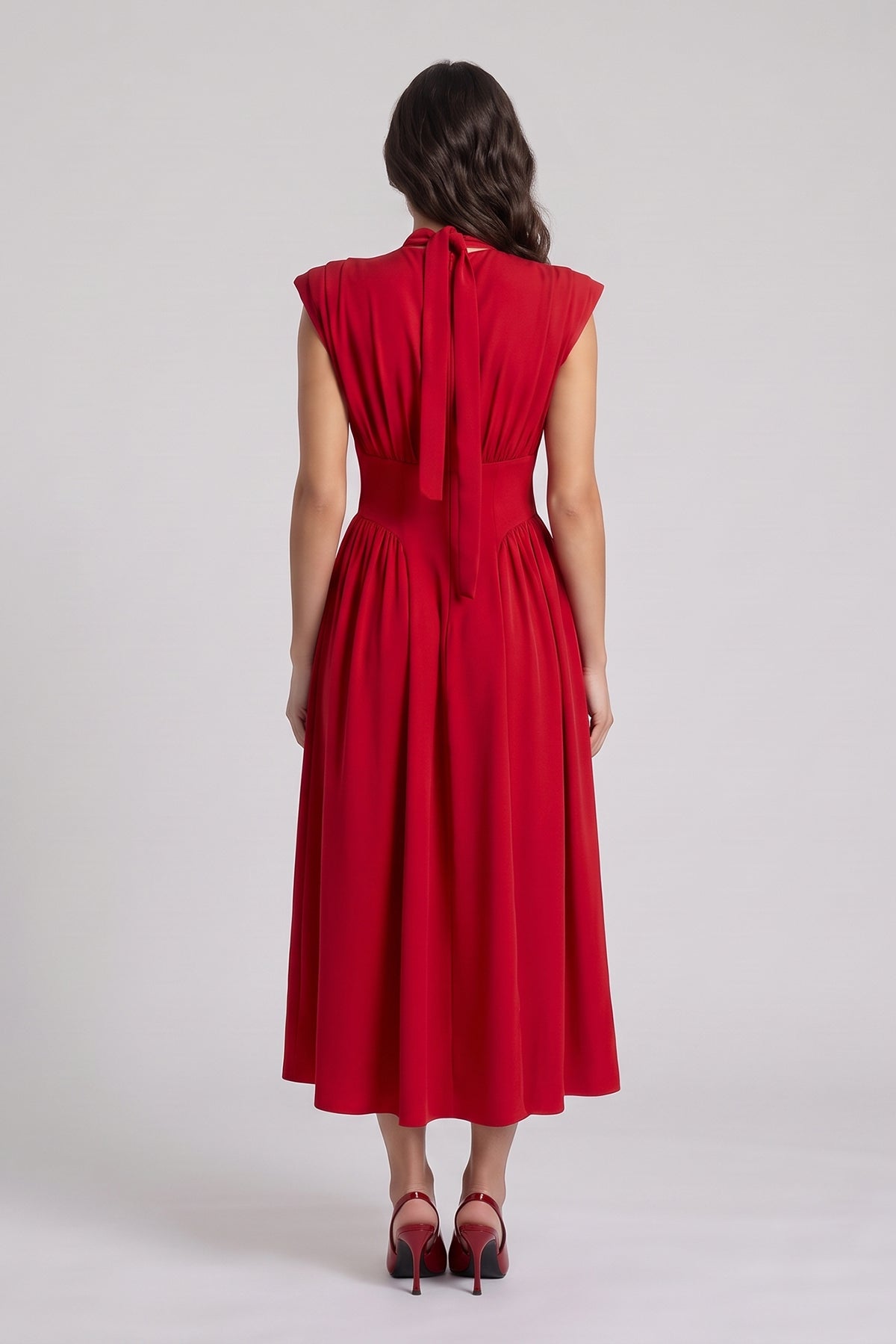 Red midi dress with corset-style waist in fluid viscose fabric