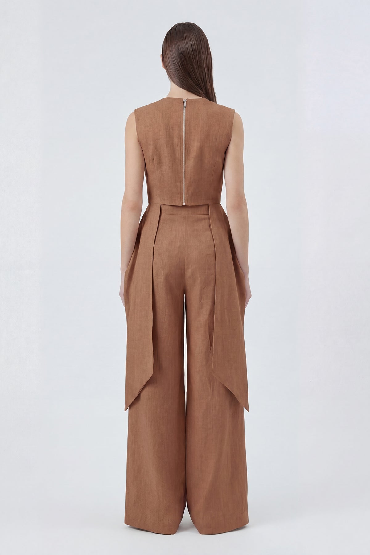 Brown Linen Peplum Top & Wide-Leg Trousers Set
