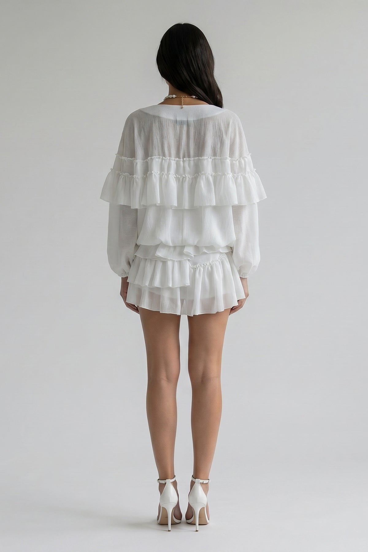 White crinkled fabric set with ruffles and skort