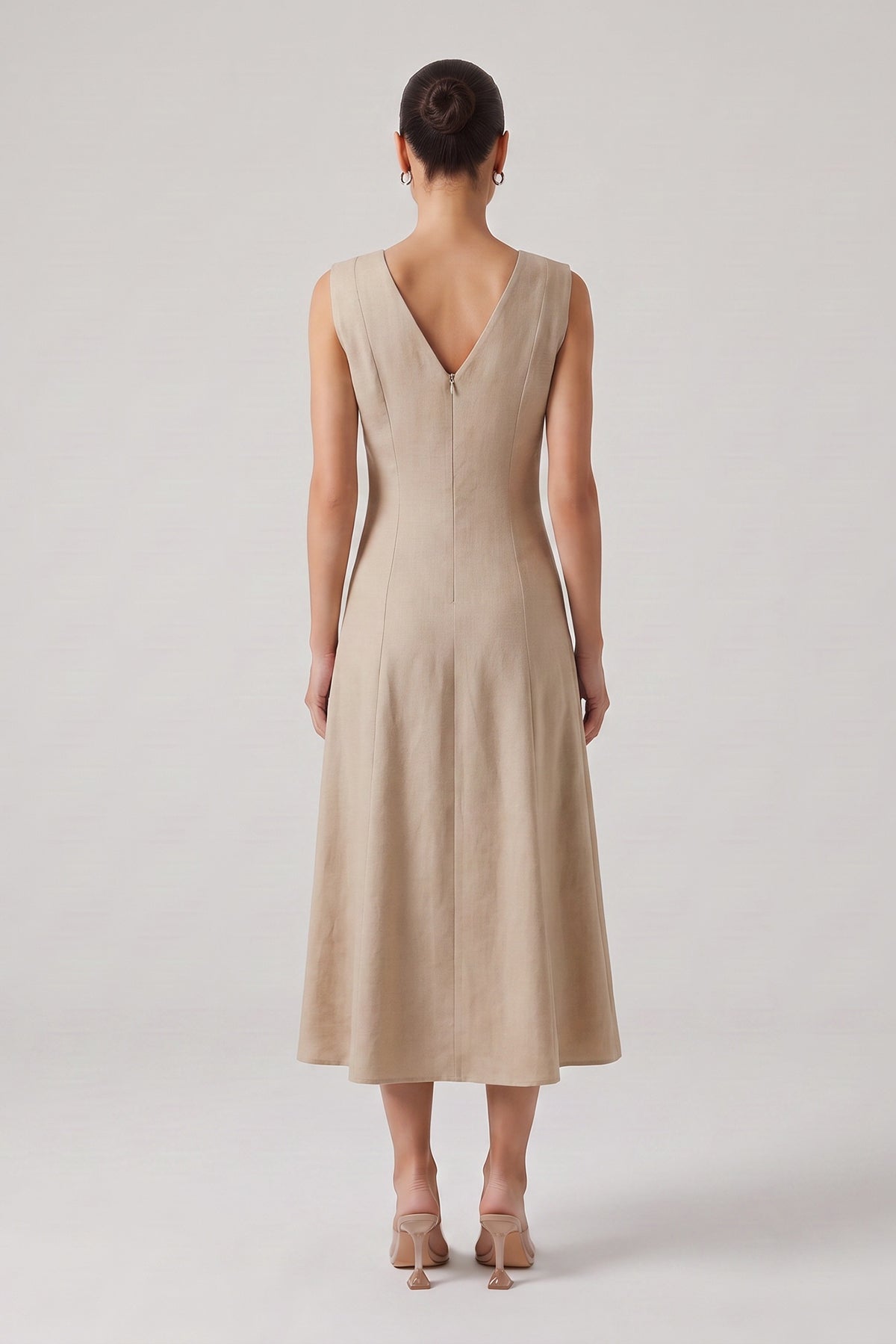 Beige Linen Midi Dress with V-Neck and Knotted Straps