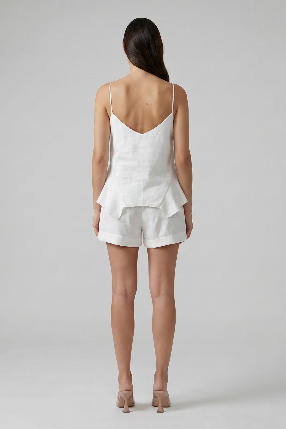Linen Set with Bermuda Shorts and Ruffled Top – Off White