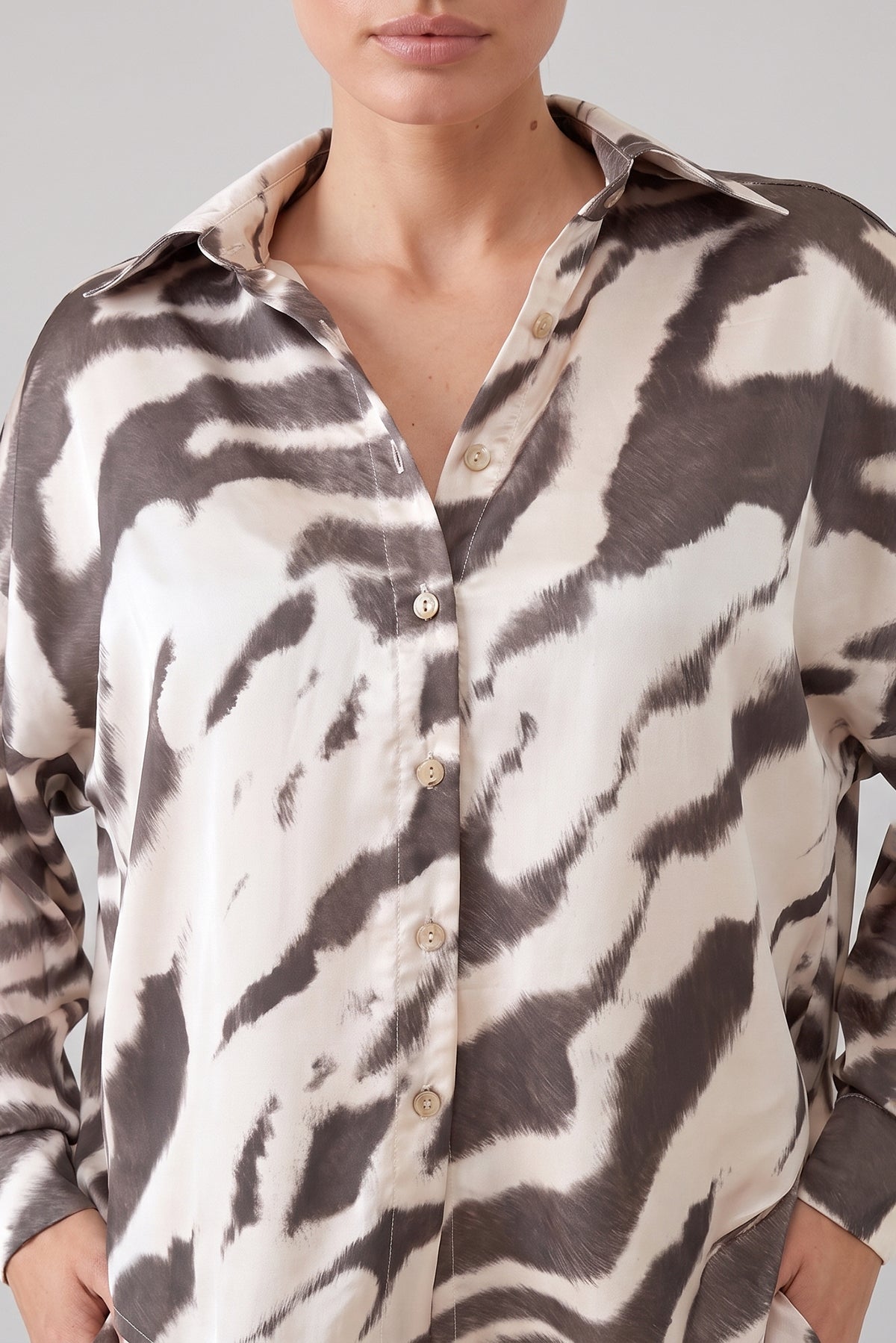 Ivory & Taupe Zebra Print Satin Set – Shirt & Wide Leg Pants