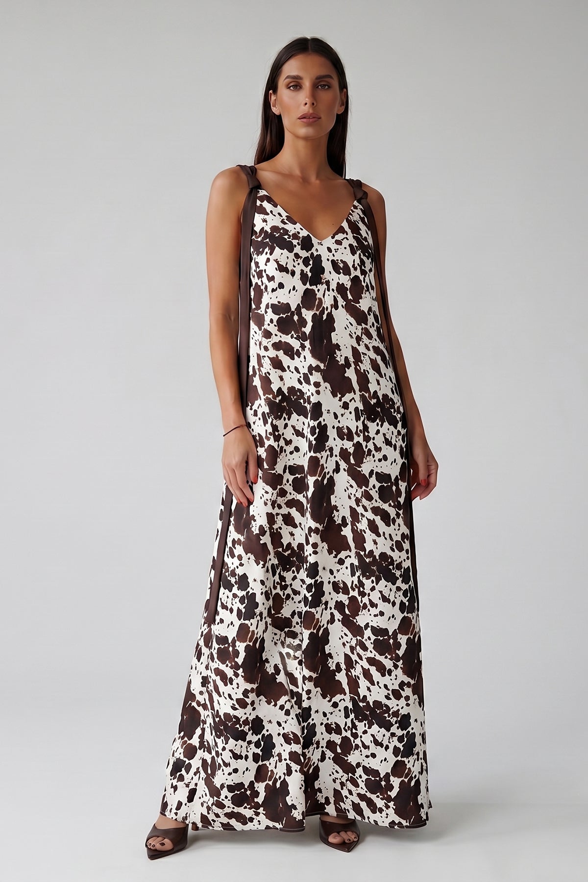 Cow Print Maxi Dress with Shoulder Scarves