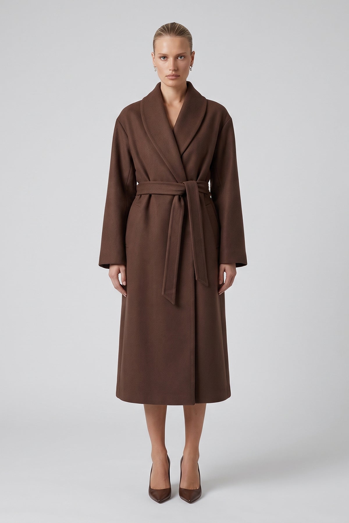 Long Wool Blend Coat with Rounded Lapels in Brown
