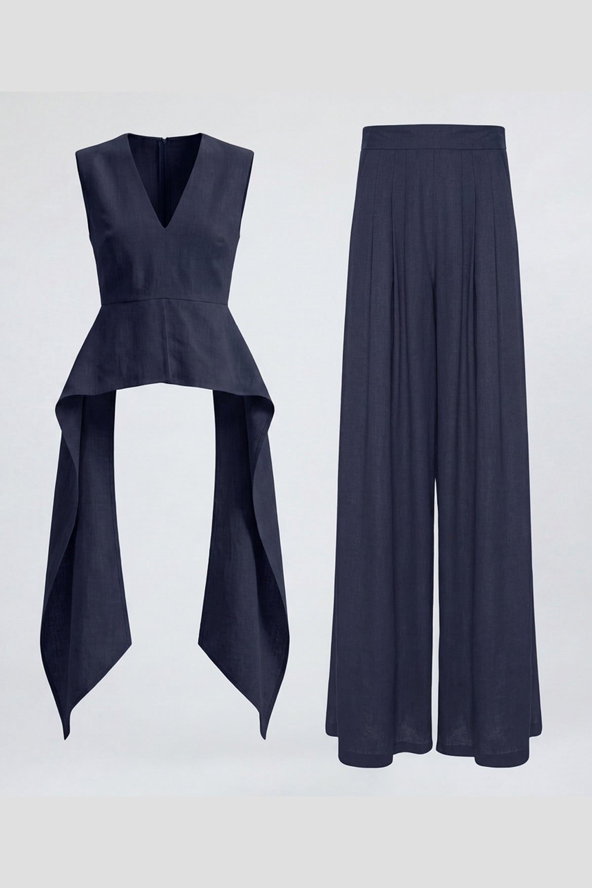 Set din in bleumarin cu top peplum și pantaloni wide-leg