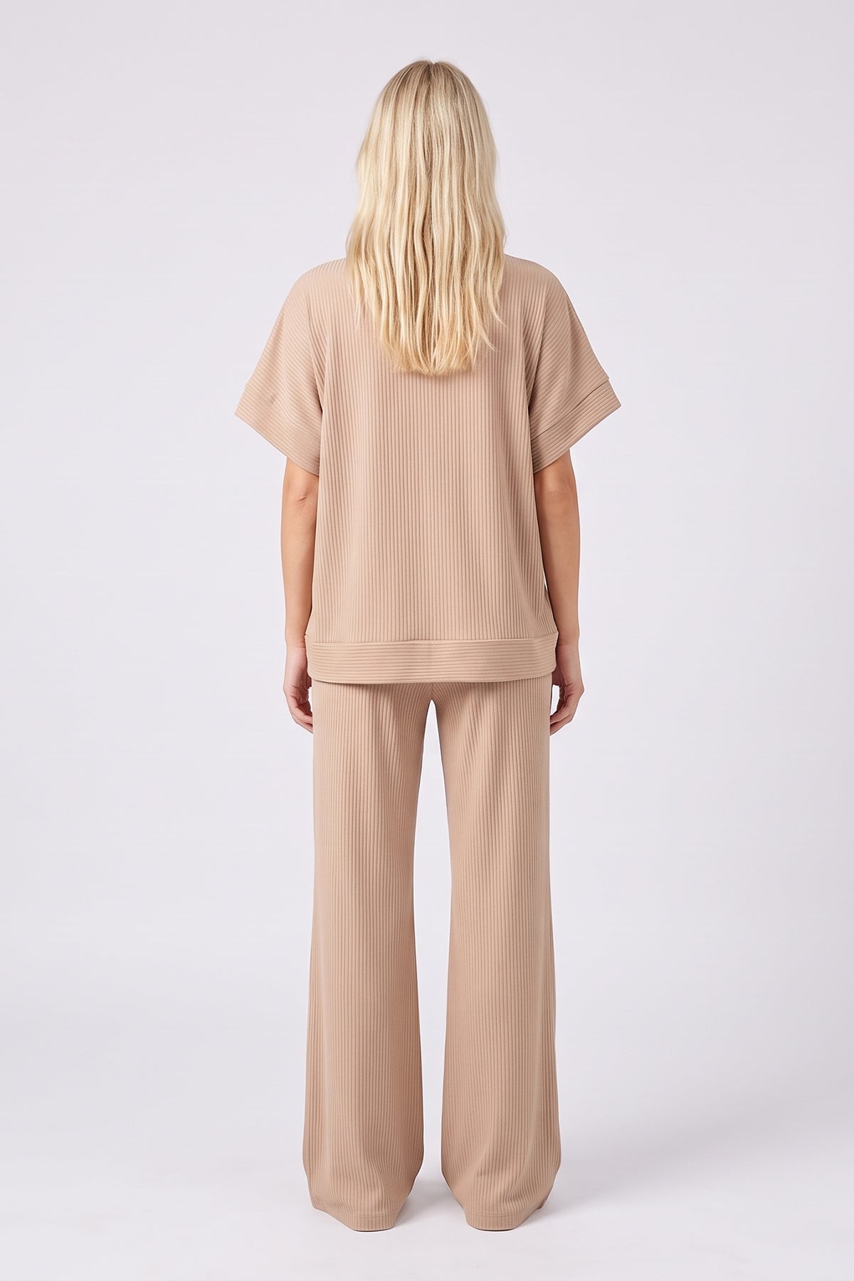 Set din tricot reiat cu top oversized și pantaloni wide leg – Beige