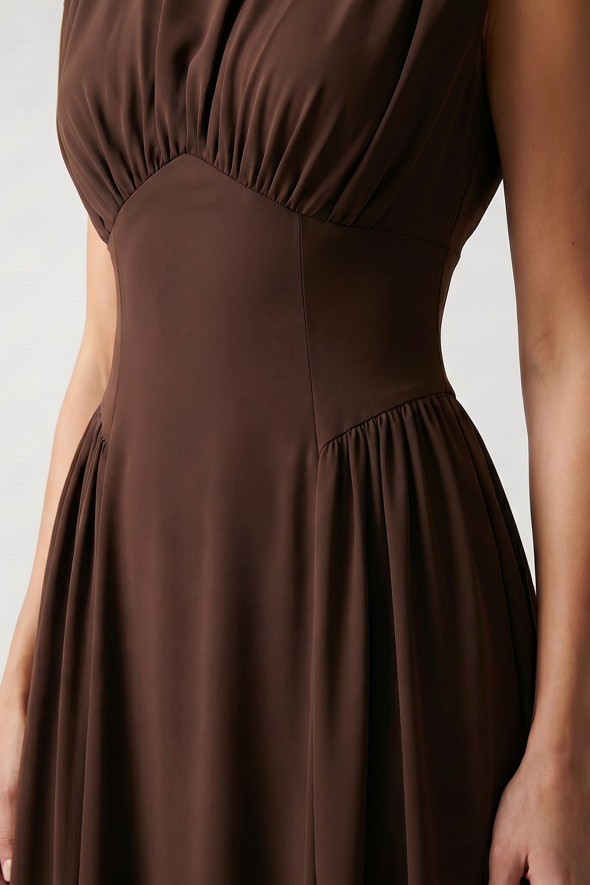 Brown midi dress with corset-style waist in fluid viscose fabric