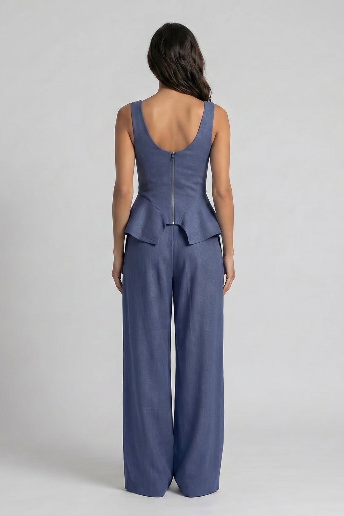 Navy Blue Linen-Style Set with Wide Legs