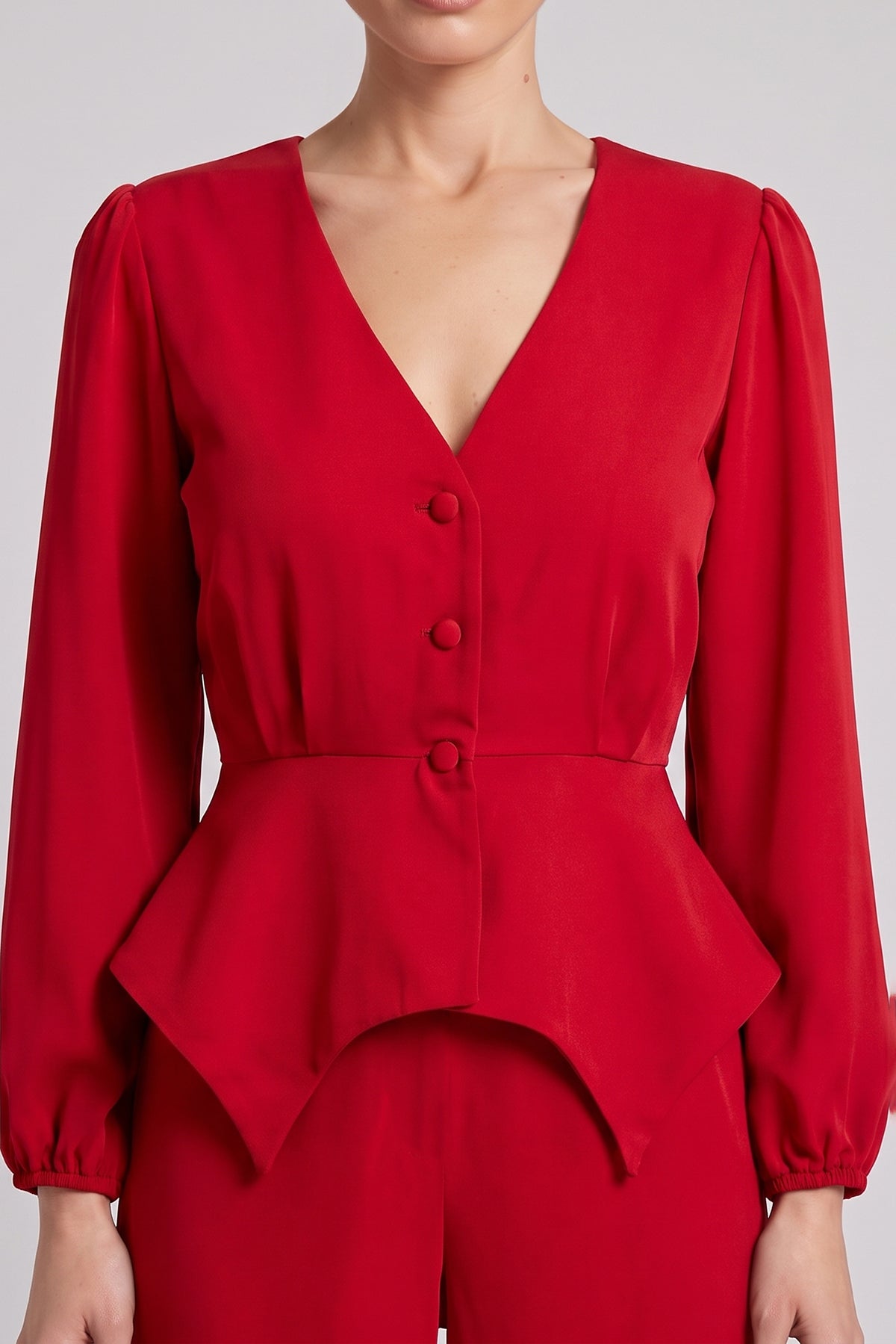 Red Set with Structured Peplum Top and Flared Trousers