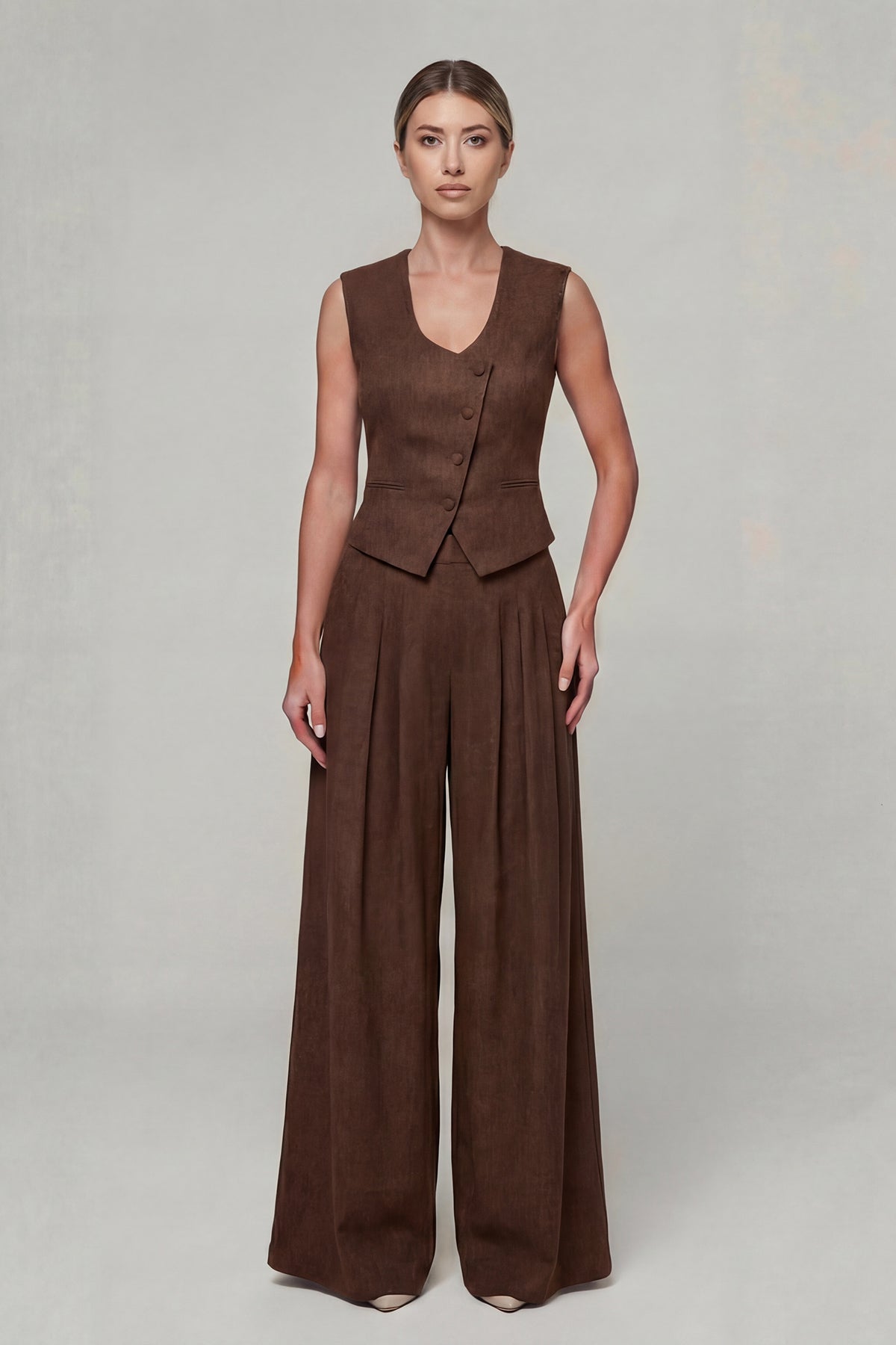 Brown Linen Set with Fitted Vest and Wide-Leg Trousers