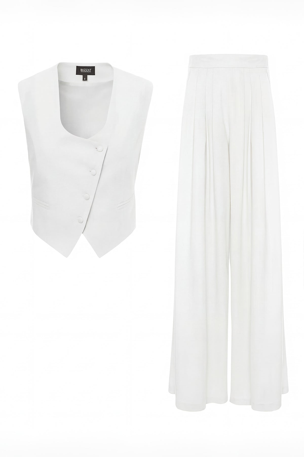White Linen Set with Fitted Vest and Wide-Leg Trousers