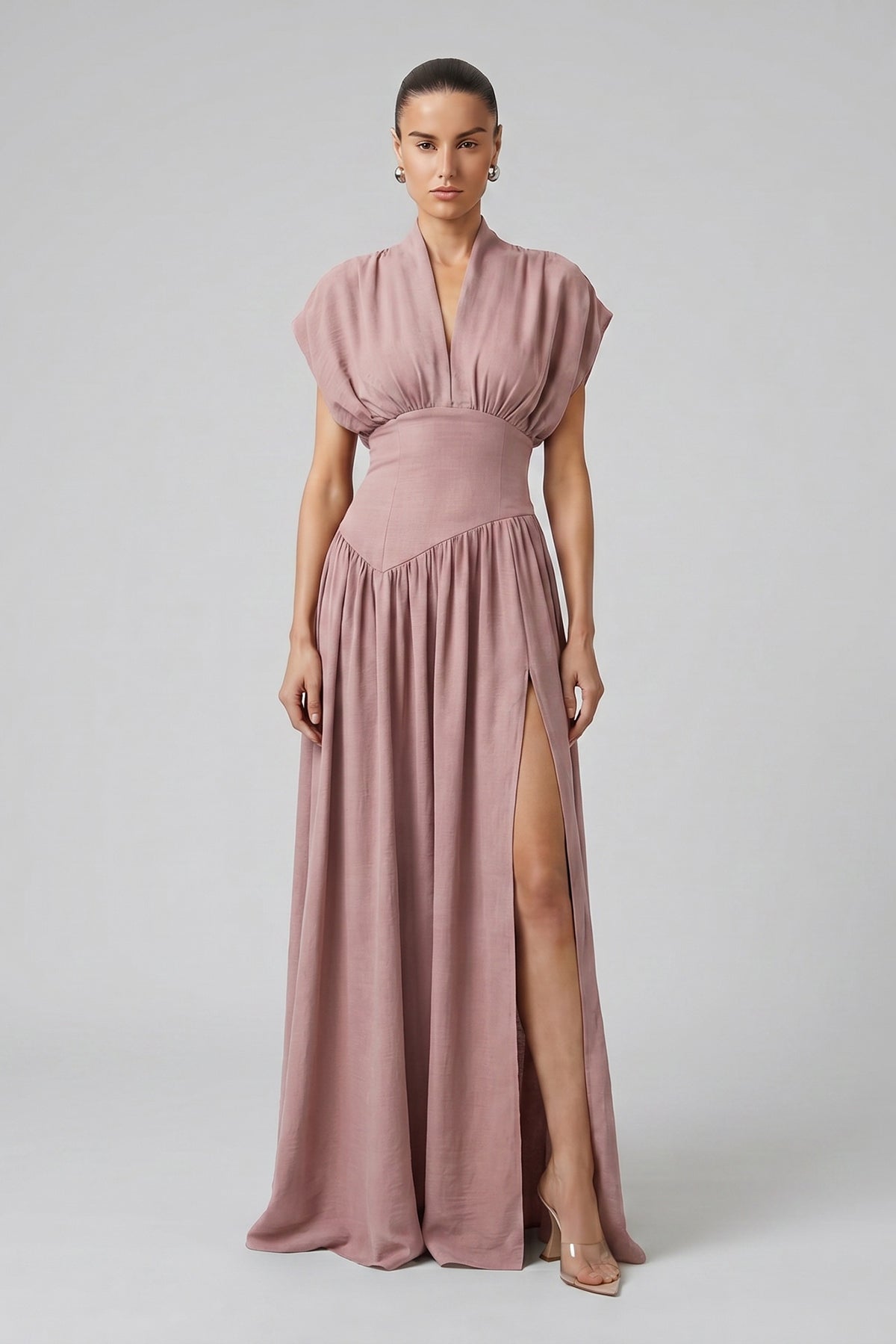 Pink Maxi Dress with Defined Waist and Side Slit