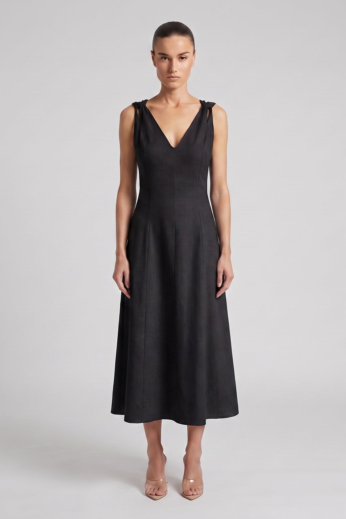 Black Linen Midi Dress with V-Neck and Knotted Straps