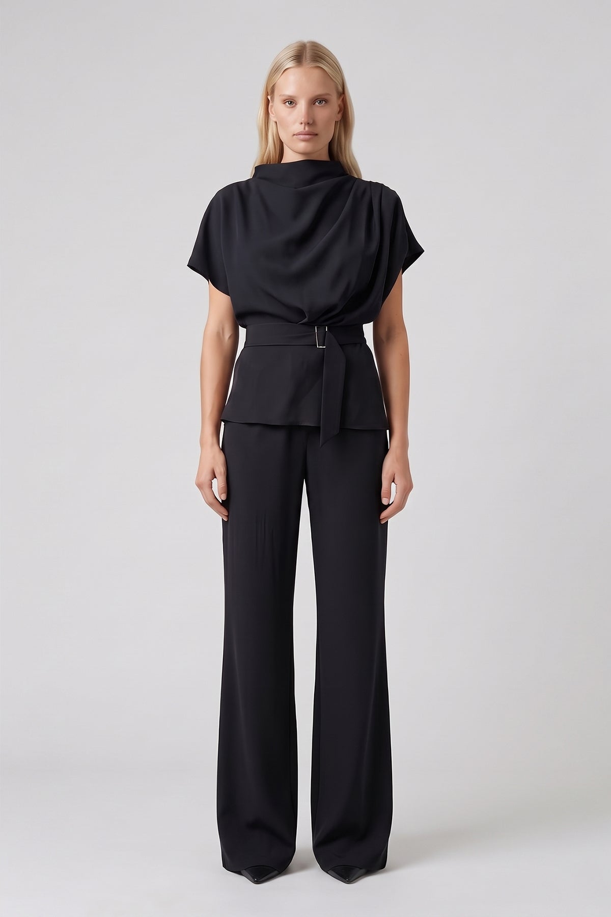 Black Set with Draped Top, Defined Waist and Wide-Leg Trousers