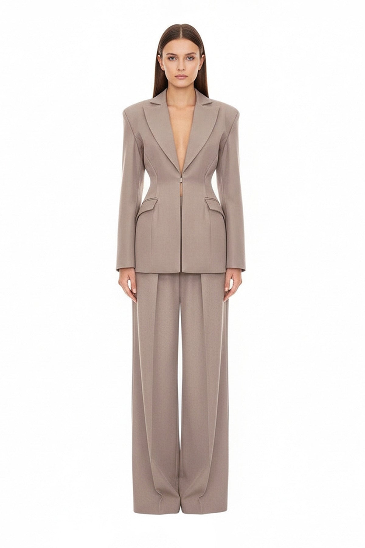 Beige Suit with Balloon Blazer and wide leg Trousers
