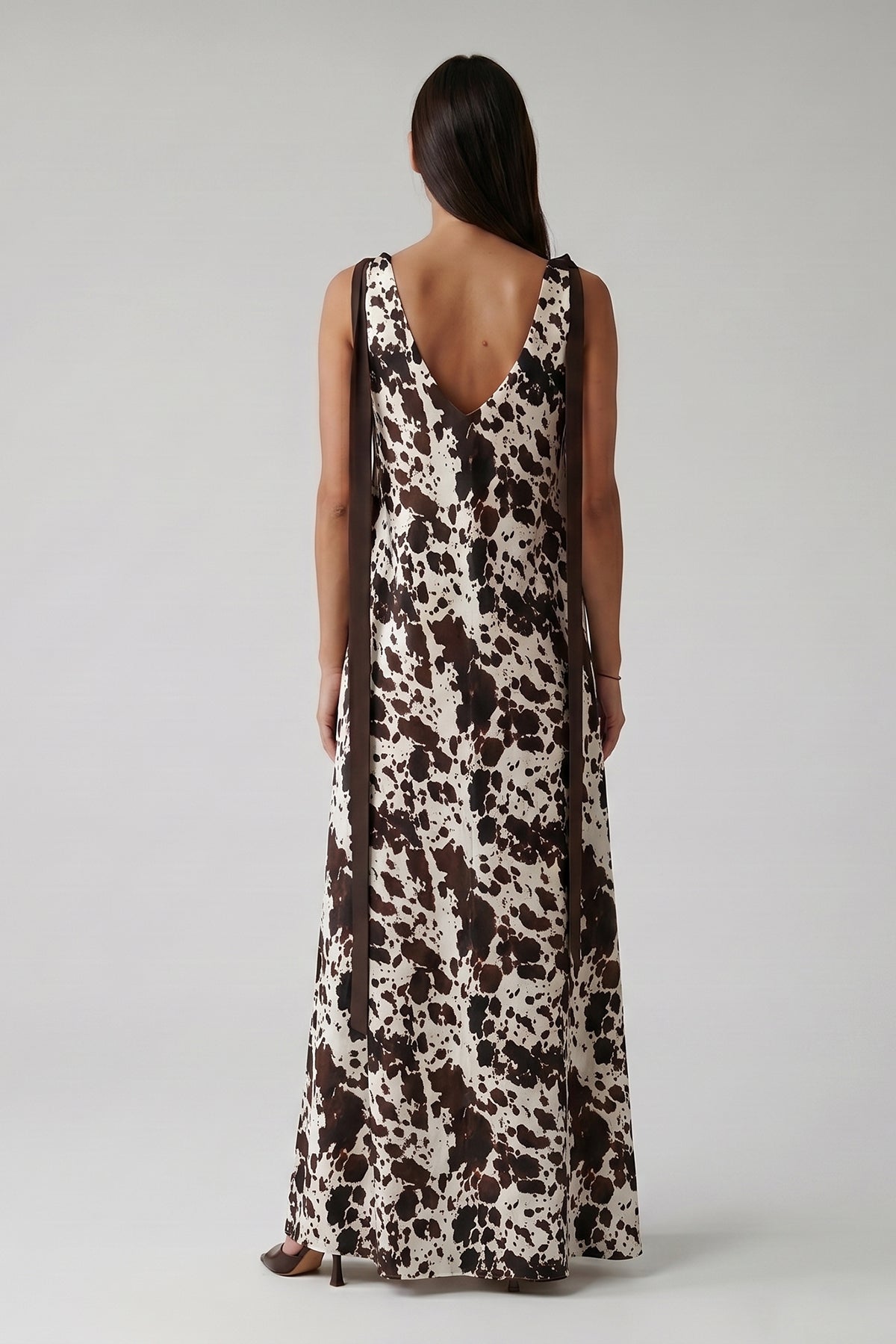 Cow Print Maxi Dress with Shoulder Scarves