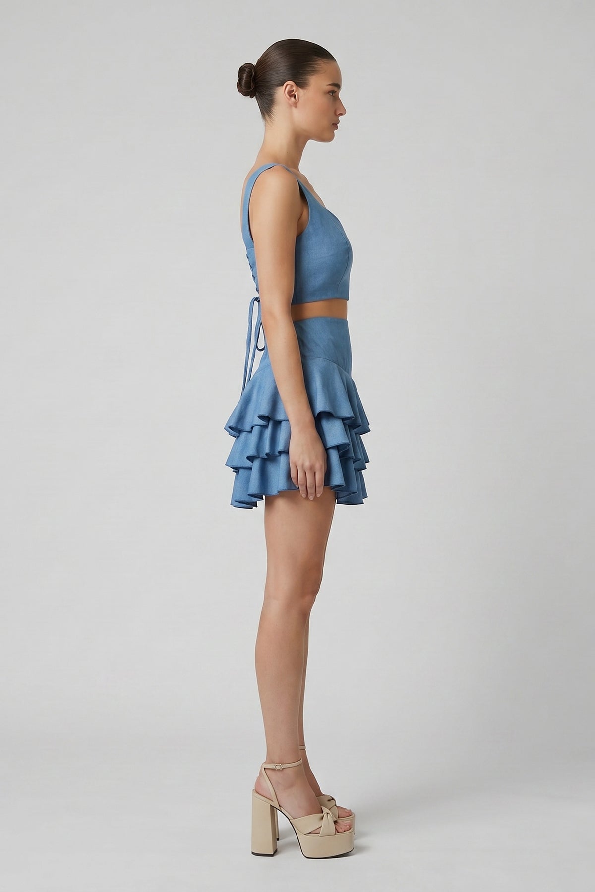 Blue Denim Set with Crop Top and Ruffle Skirt