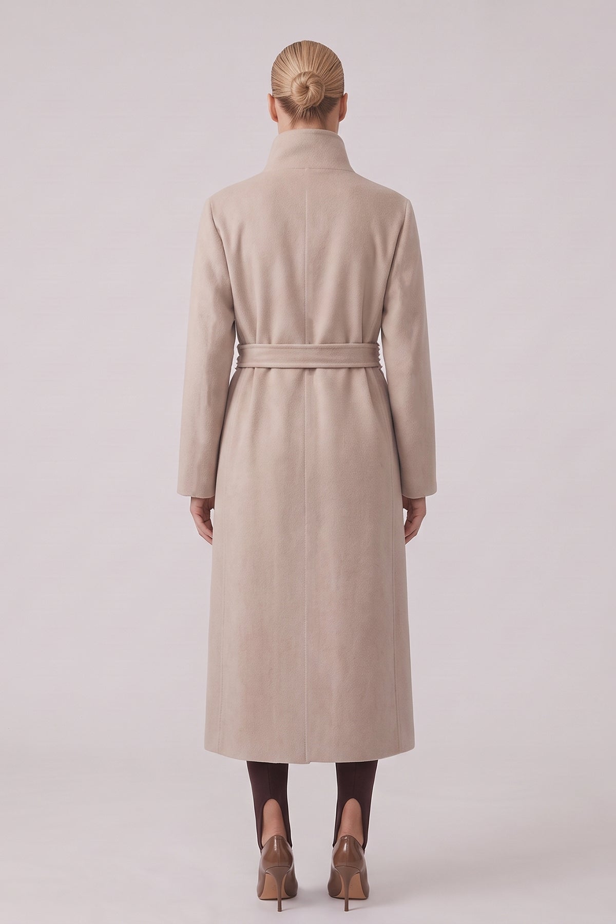 Long Taupe Coat with High Collar