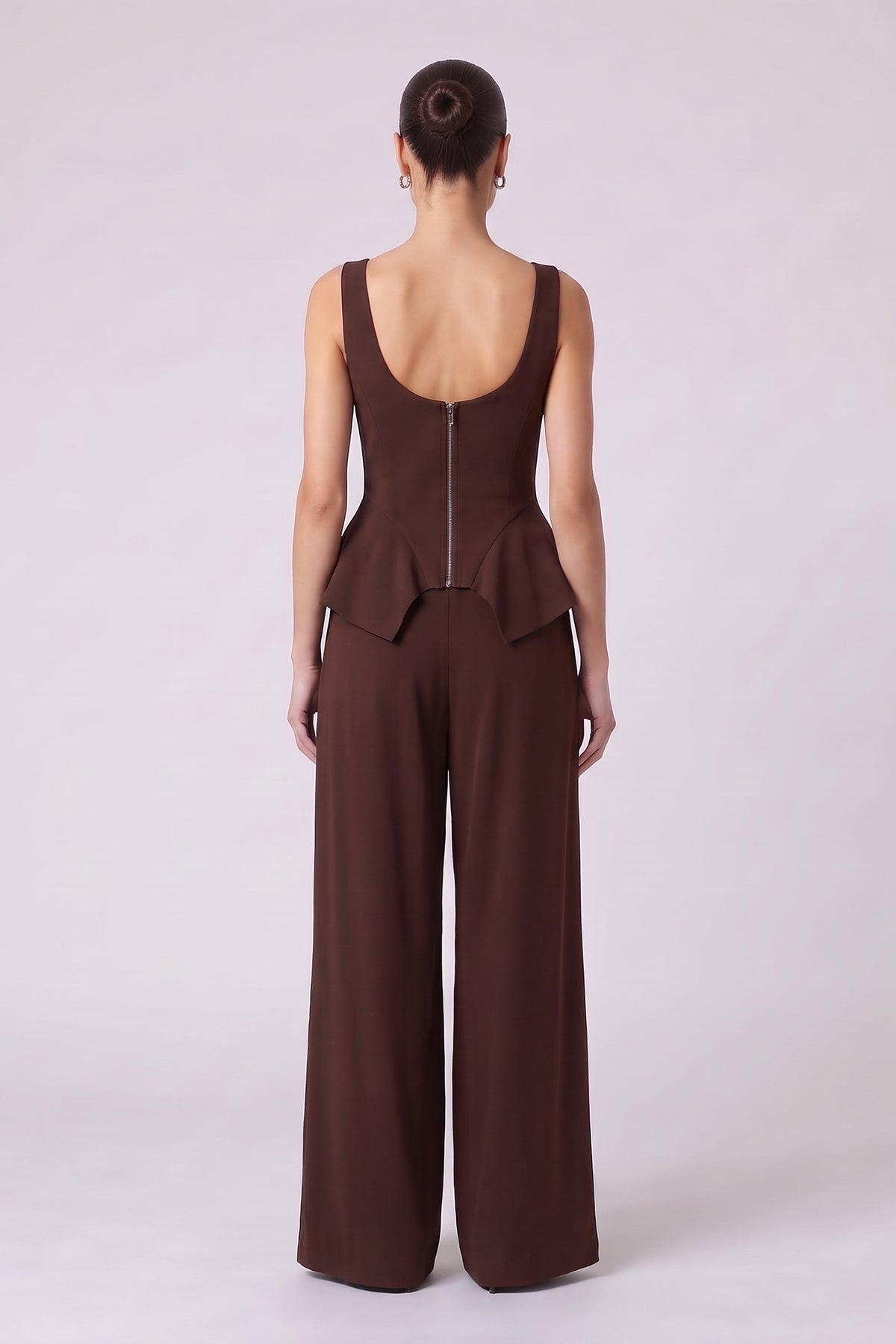 Set Maro Ciocolatiu cu Corset Peplum și Pantaloni Wide Leg
